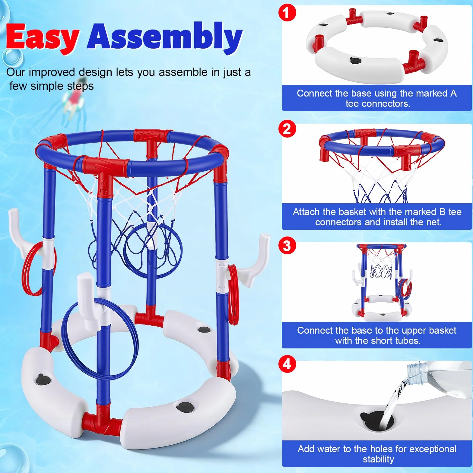 Set da basket galleggiante 2 in 1 per piscina, con 4 palloni grandi e 12 anelli, pompa inclusa. Sport acquatici gonfiabili per bambini, adulti e famiglie Divertimento in piscina, al lago o in spiaggia