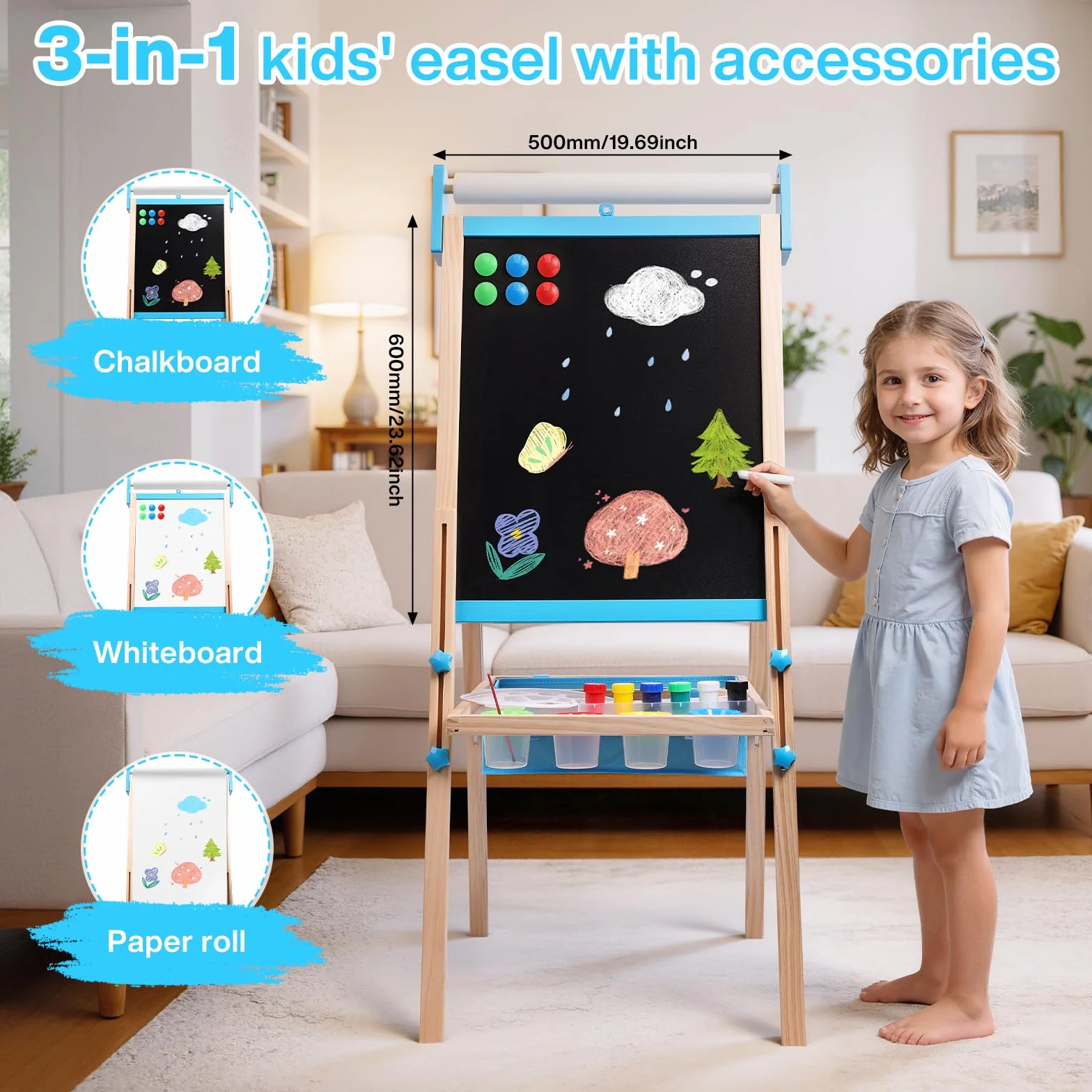 Lavagna per Bambini 3 in 1 Cavalletto Regolabile 115-134cm Legno Massello Magnetica e Bianca con Rotolo Carta 13 Accessori