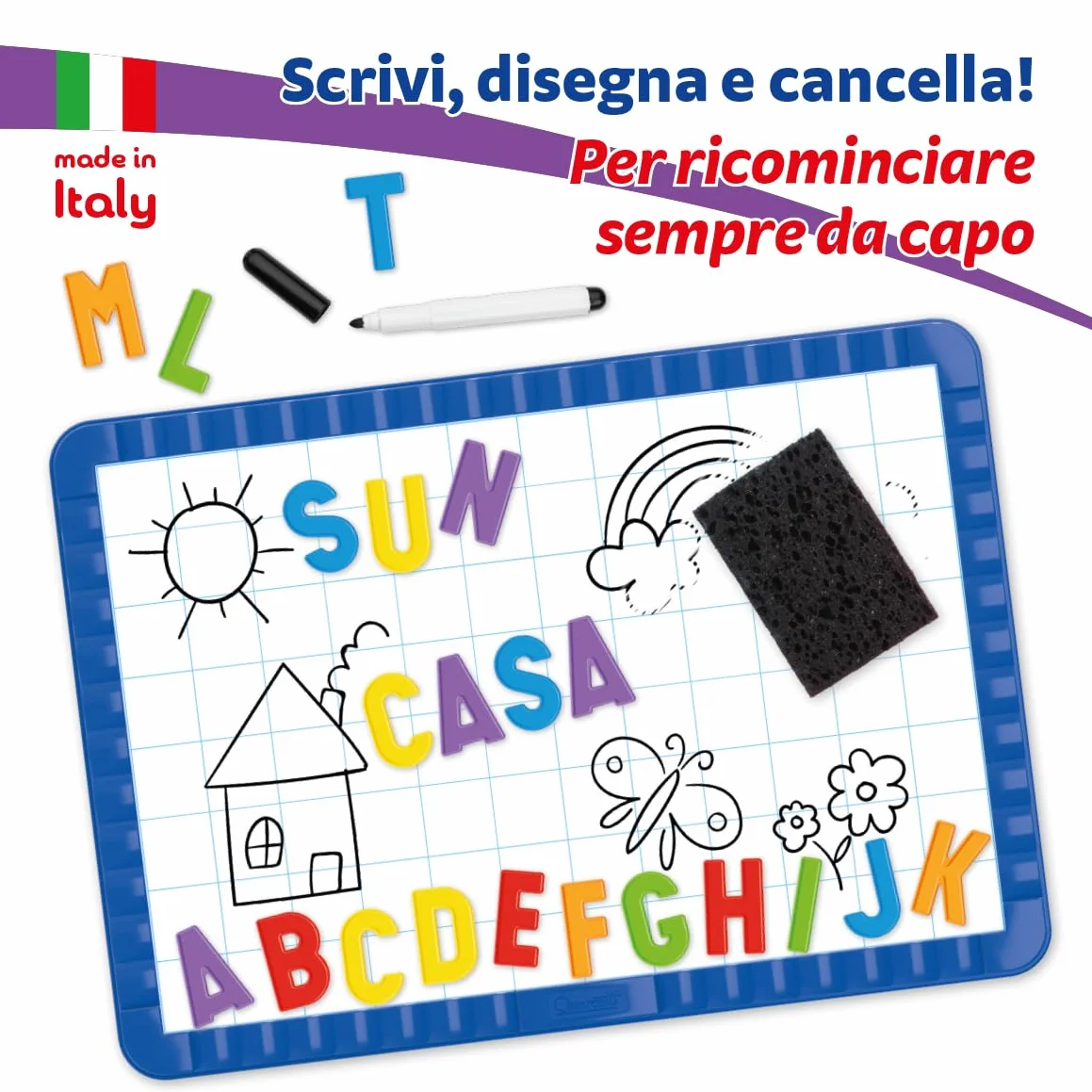 Quercetti Magnetino Letters Basic, Lavagna Magnetica con 48 Lettere Magnetiche per Bambini, Gioco Educativo 4 Anni, Made in Italy