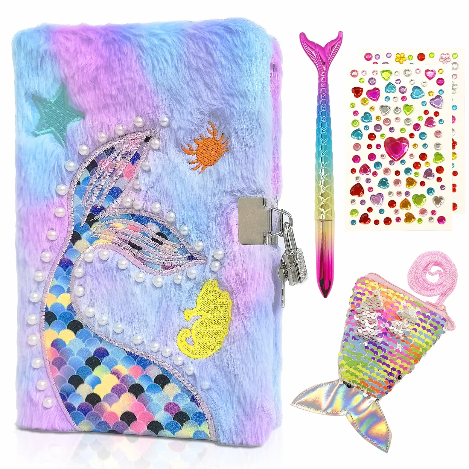 Sirena Diario Segreto Bambina, Diario in Peluche con Lucchetto A5 160pag Reversibile a Righe con Paillettes, Portamonete Penna Adesivi