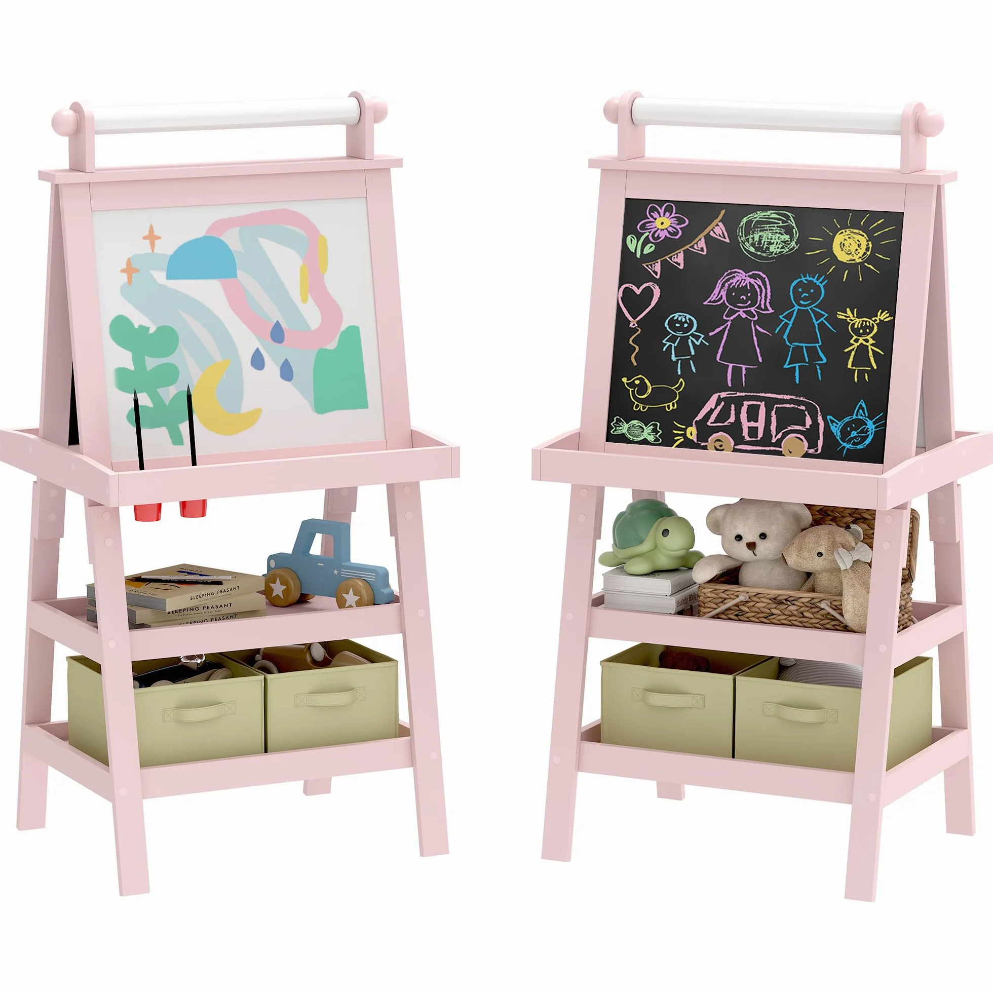 AIYAPLAY Lavagna per Bambini Cancellabile a Doppia Facciate con Rotolo di Carta e 2 Contenitori, Lavagna Magnetica Bianco, Nero con Cavalletto Artistico in Legno per Pittura e Regalo, 3-6 Anni, Rosa