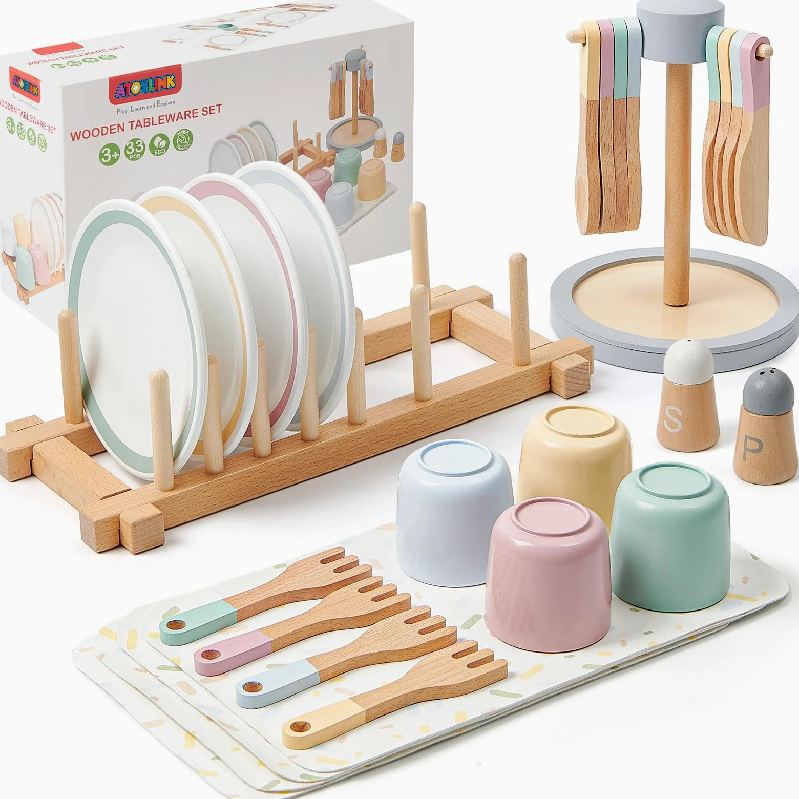 Atoylink Accessori da Cucina per Bambini in Legno, Accessori da Cucina Piatti e Stoviglie Accessori da Cucina per Giochi Gioco di Ruolo Regalo per Ragazze Ragazzi 3 4 5 6 7 8 Anni