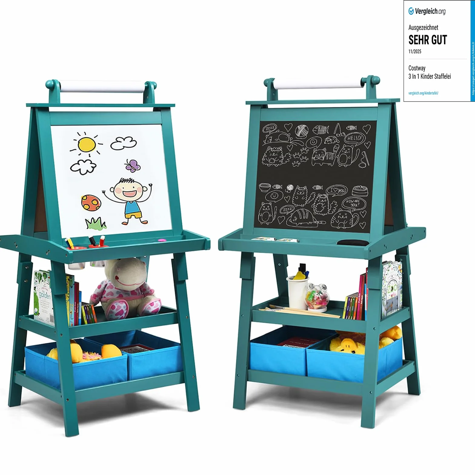 COSTWAY 3 in 1 Cavalletto per Bambini con Doppia Faccia, Legno (Blu)