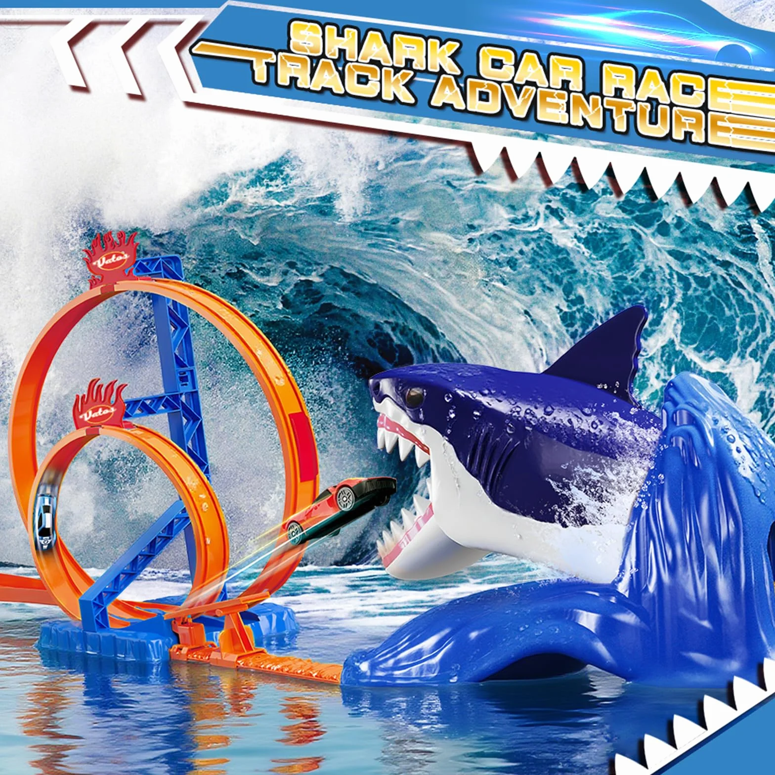Vatos Circuito di Corsa Squalo per Bambini con 2 Auto da Corsa e 2 Fibbie, Circuito di Cascate Catapulta Squalo, Giocattolo Regalo per Ragazzi 3, 4, 5, 6, 7, 8 Anni