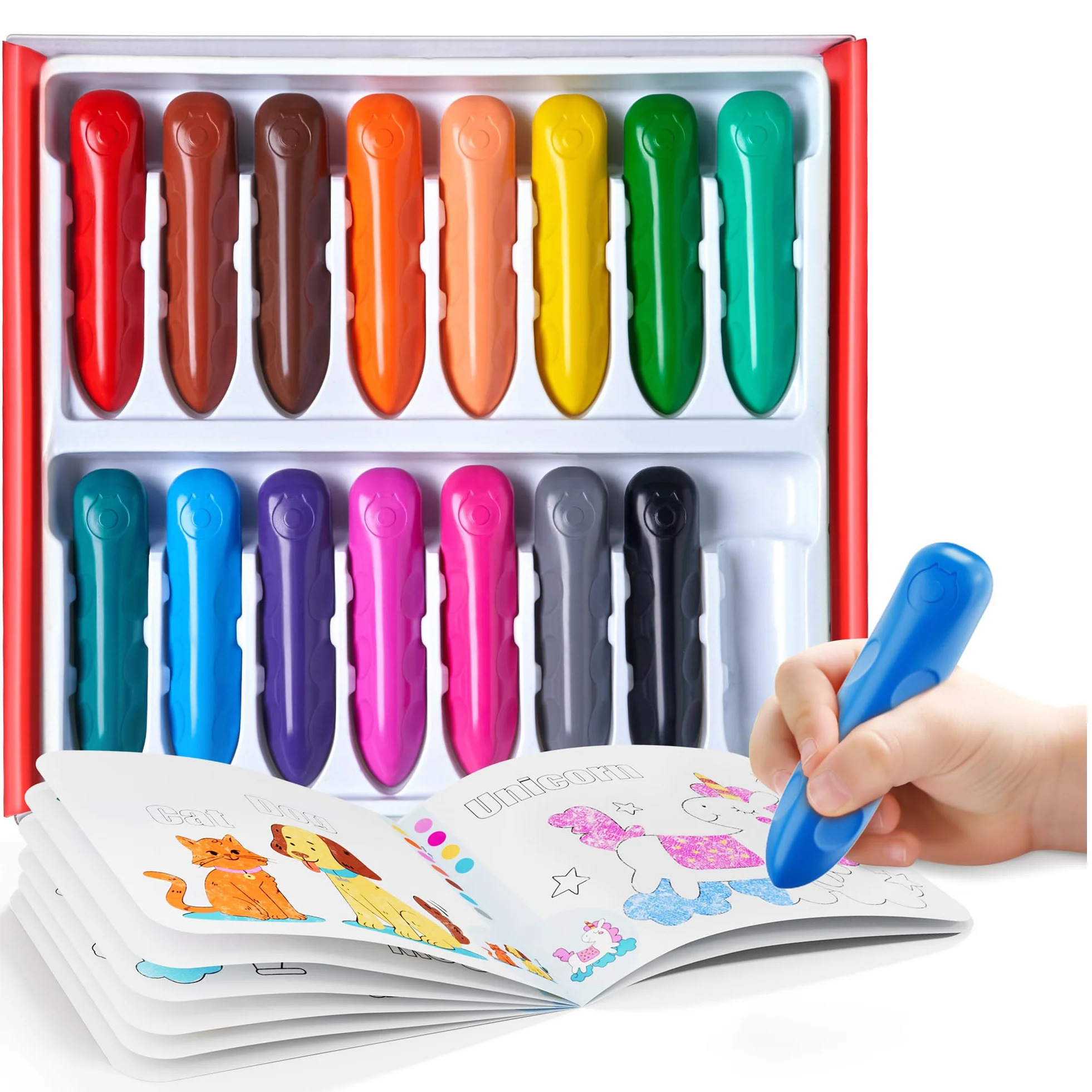 JoyCat Pastelli Jumbo in 16 colori per bambini dai 1 ai 3 anni, lavabili, triangolari, grandi, per bambini dai 4 agli 8 anni, facili da impugnare, infrangibili, atossici, materiali artistici con libro