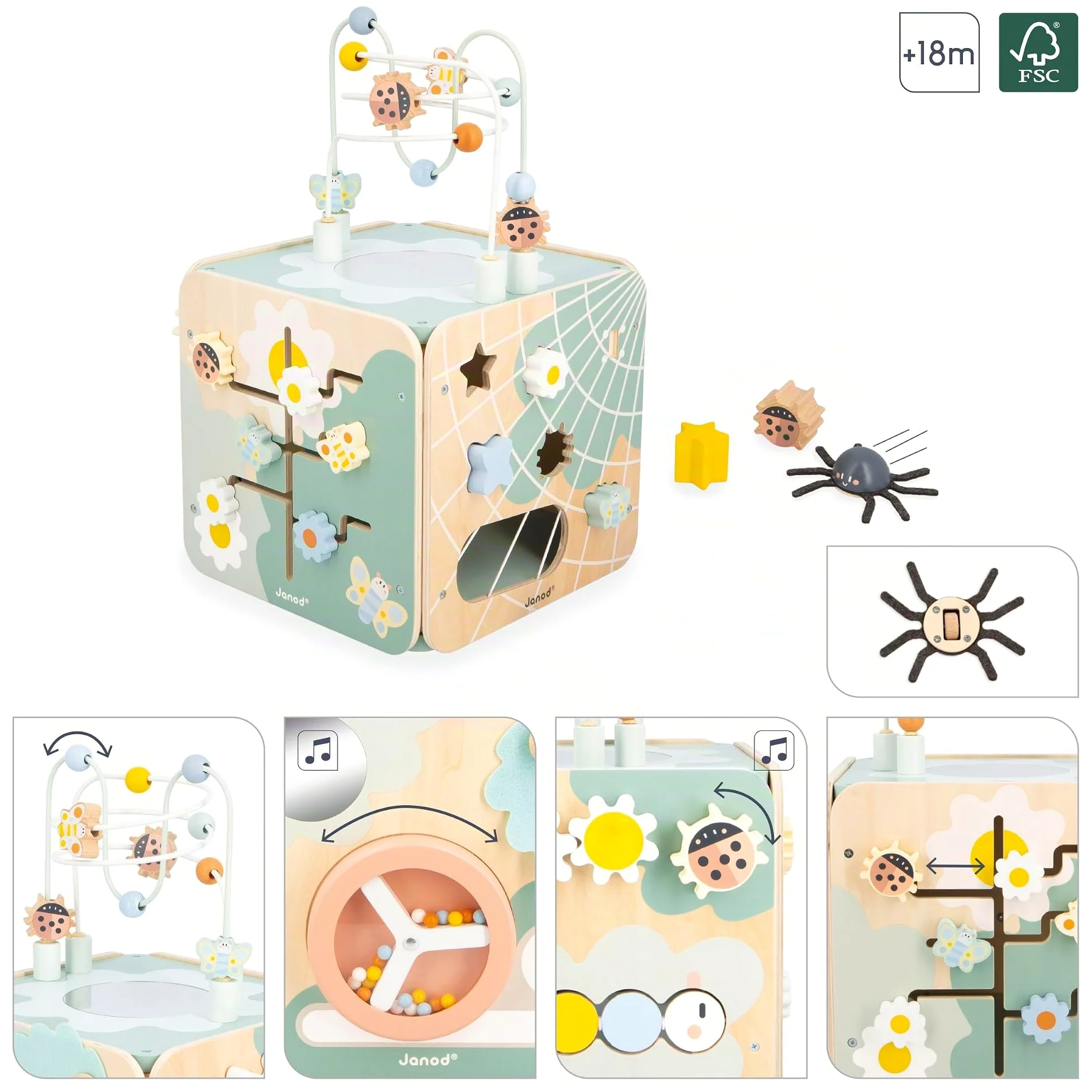 Janod - Grande Cubo Multiattività Sweet Cocoon - 11 Attività per Bambini - Multisensoriale - Sviluppa le Abilità Fino-Motorie - Giocattolo in Legno FSC - Dai 18 Mesi, J04060