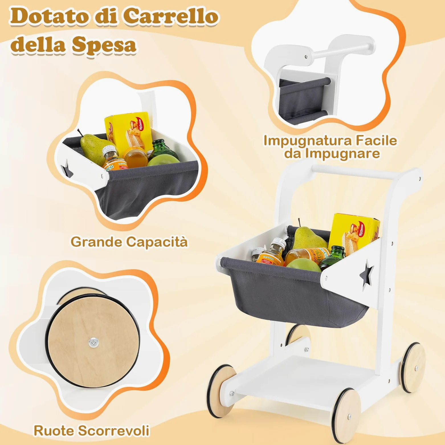 COSTWAY Set da Gioco da Supermercato, Banco di Mercato per Bambini in Legno con Carrello della Spesa, 2 Lavagne e Registratore di Cassa, Scaffali Espositivi, per Bambini 3+ Anni