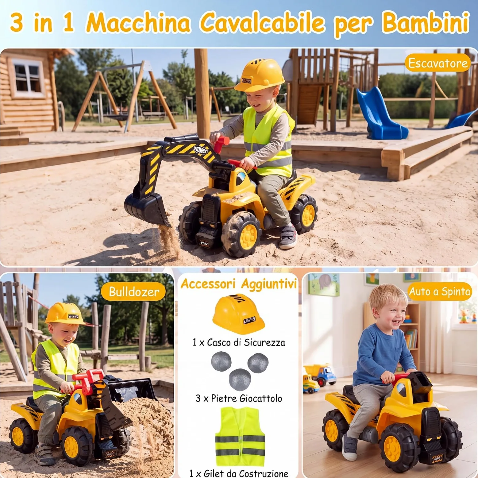 COSTWAY 3 in 1 Escavatore Cavalcabile per Bambini 2+ Anni, Carico 25 kg | Ruspa Giocattolo per Bambini con Suoni Realistici, Seduta con Vano Portaoggetti, Pietre, Casco e Gilet, per Casa Asilo