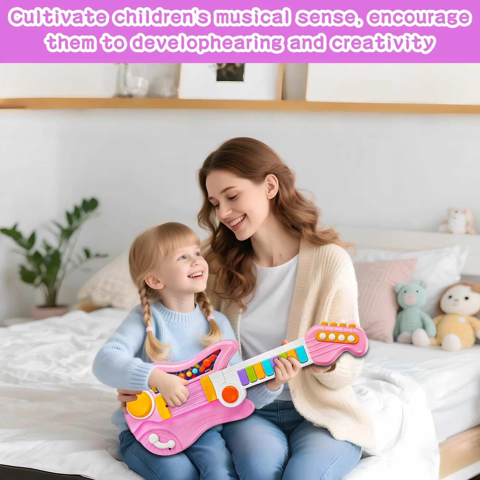 Chitarra Giocattolo Musicale per Bambini 4 Modalità con Canzoni Luce e Cinghia dai 12 Mesi+