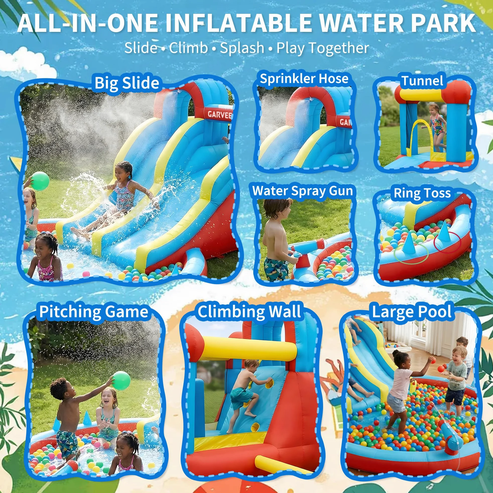 Castello Gonfiabile XXL 8-in-1 per Bambini – Doppio Scivolo d’Acqua, Piscina Grandezza, Arrampicata, Cannoni e Giochi ad Anello, Blower 550W, Oxford Resistente, Interni/Esterni – 26001