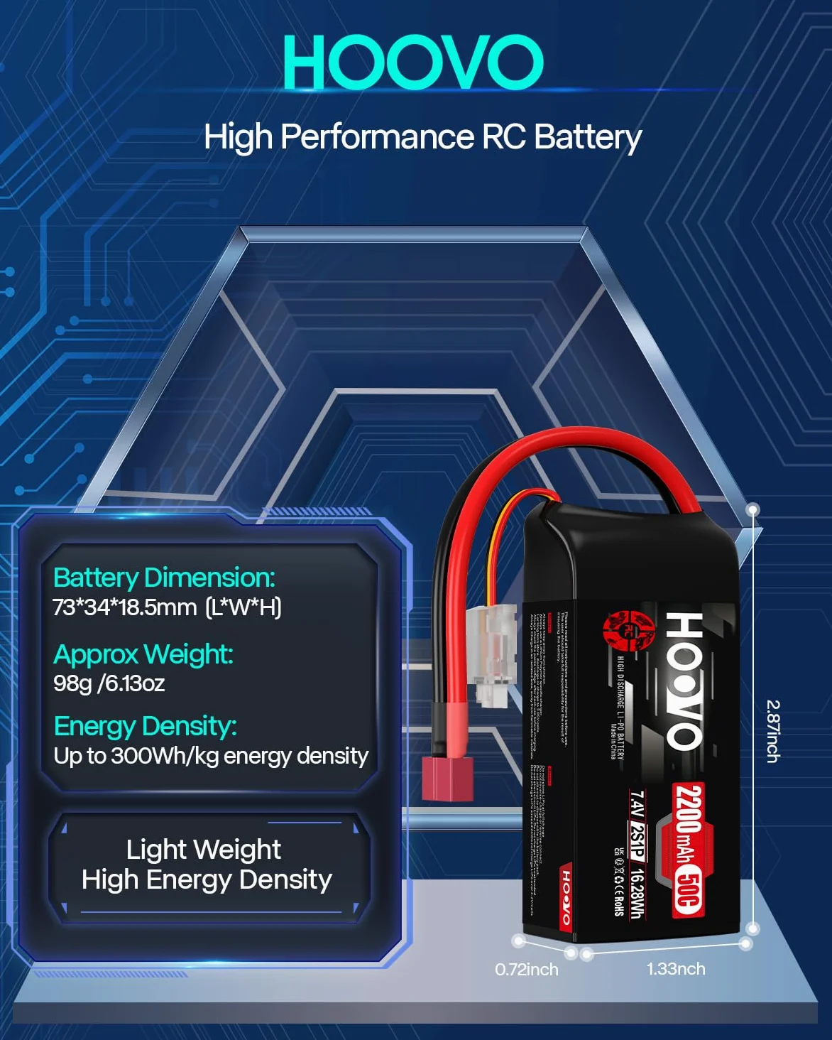 Batteria Lipo 2S 2200 mAh 7,4 V 50 C SoftCase corta con spina Dean Style T RC Batteria HOOVO per 1:16 RC Auto Camion Heli Aeroplano Rock Crawler Airplane Helicopter (2 pezzi)