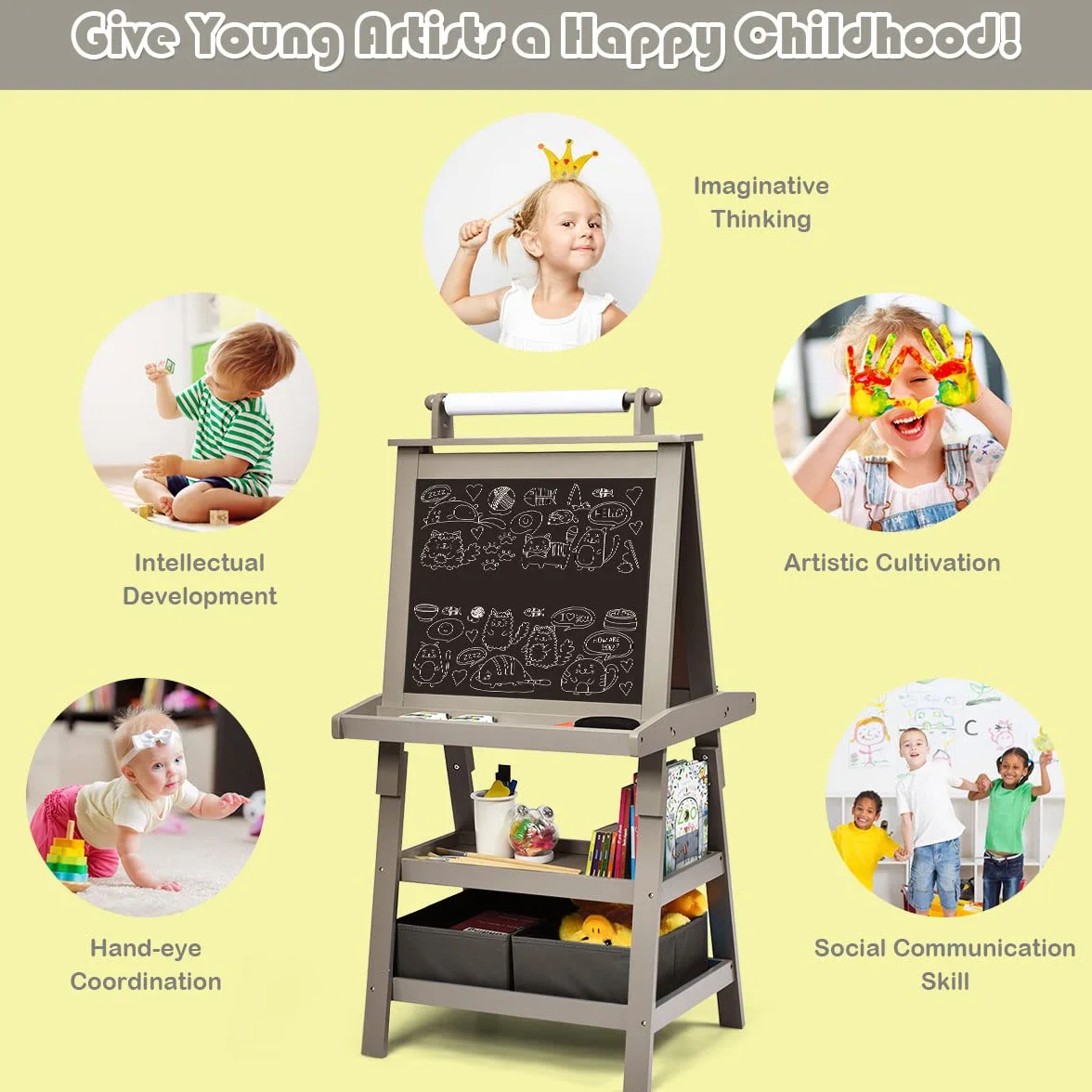 LIFEZEAL 3 in 1 - Lavagna per bambini, doppio lato, bianco e nero, cavalletto per bambini 3+ anni, con 2 scatole di immagazzinaggio, 2 ripiani, giocattolo educativo (grigio)