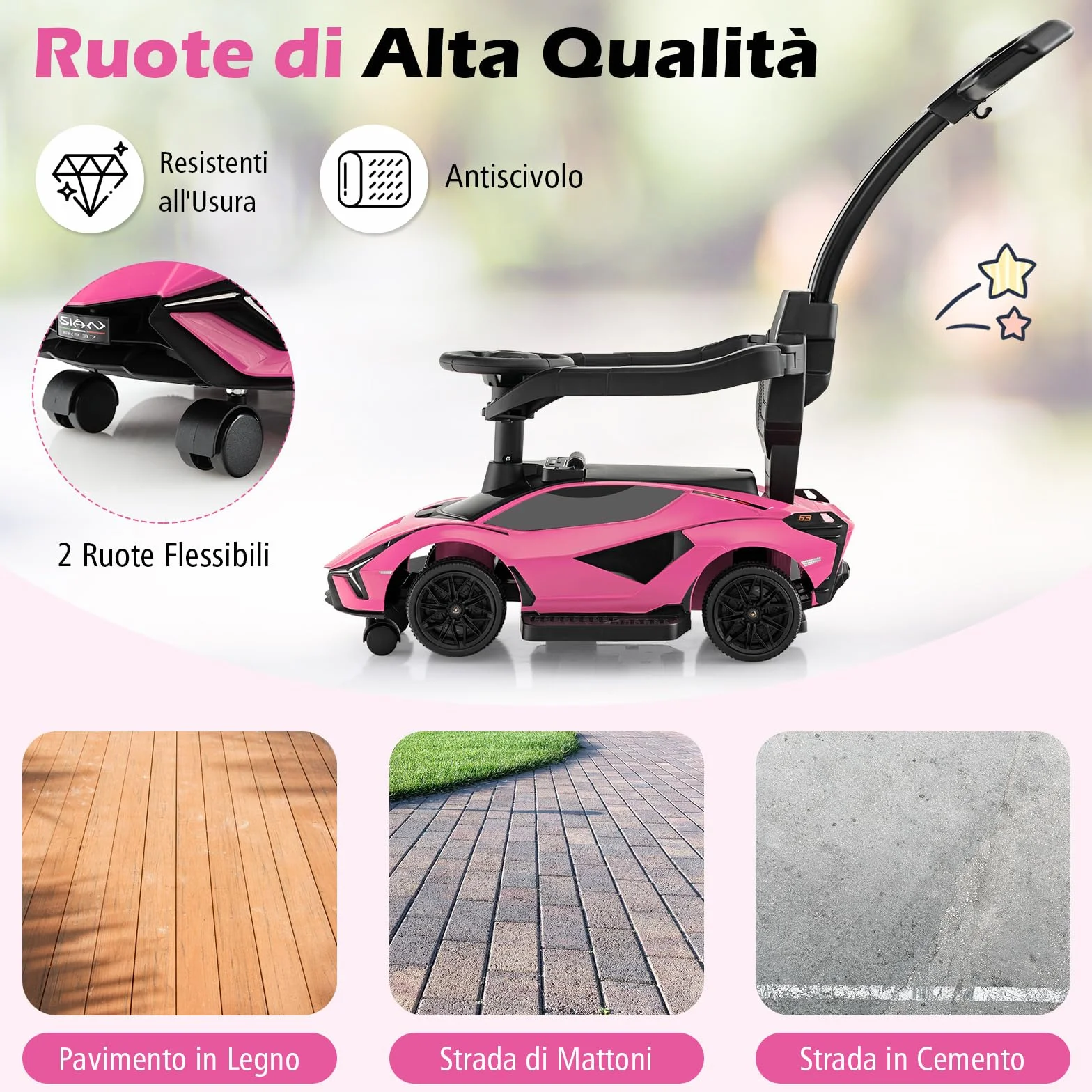 COSTWAY 3 in 1 Auto da Spinta con Paracolpi e Manubrio Rimovibili, Musica e Fari, Rosa per Bambini 18-24 Mesi