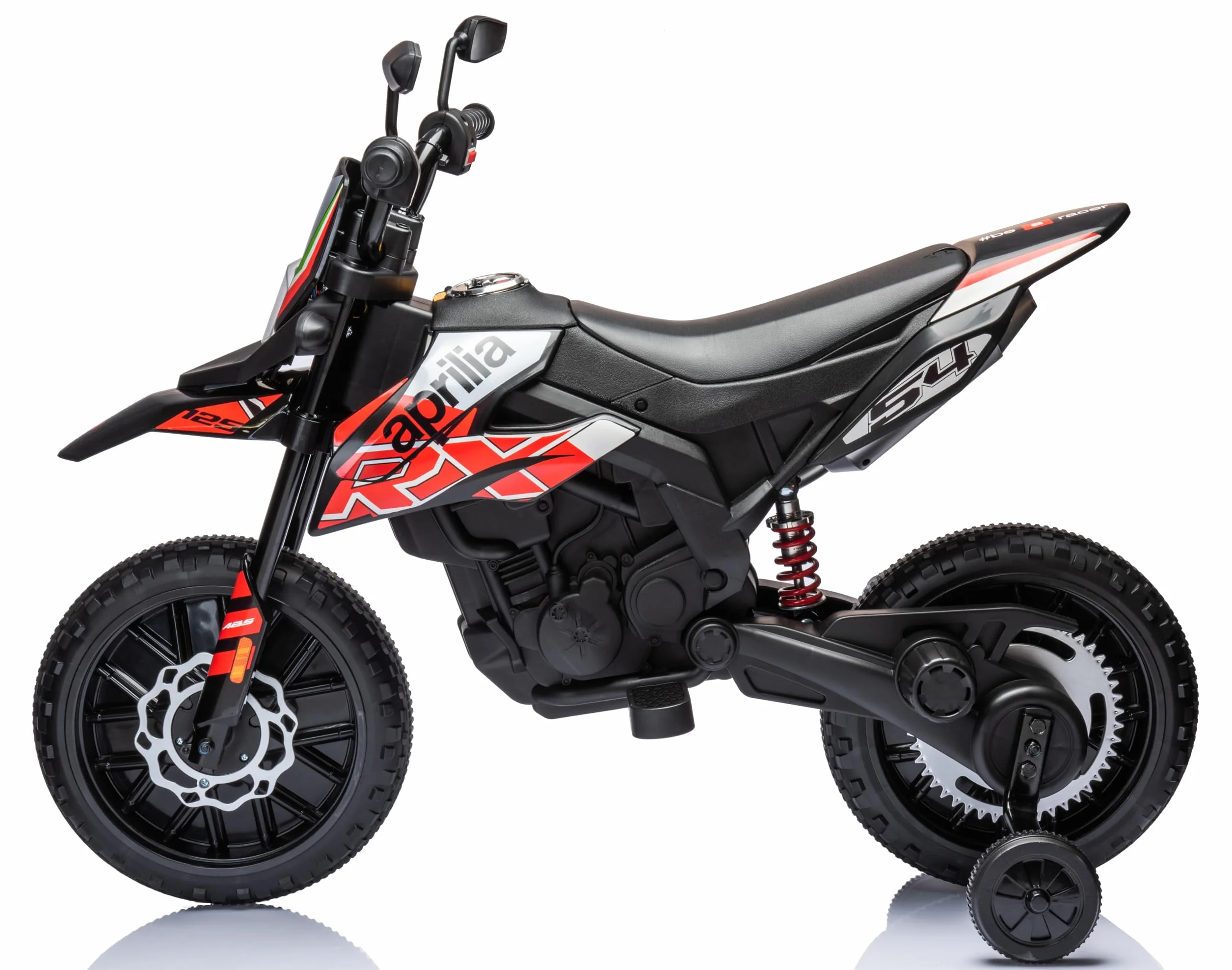 Moto Elettrica per bambini 12V Super Cross Aprilia RX125 con licenza ufficiale Moto da Cross con Ruote in Gomma Sedile in pelle Doppio Motore con Rotelle Luci e Suoni integrati (Rosso)