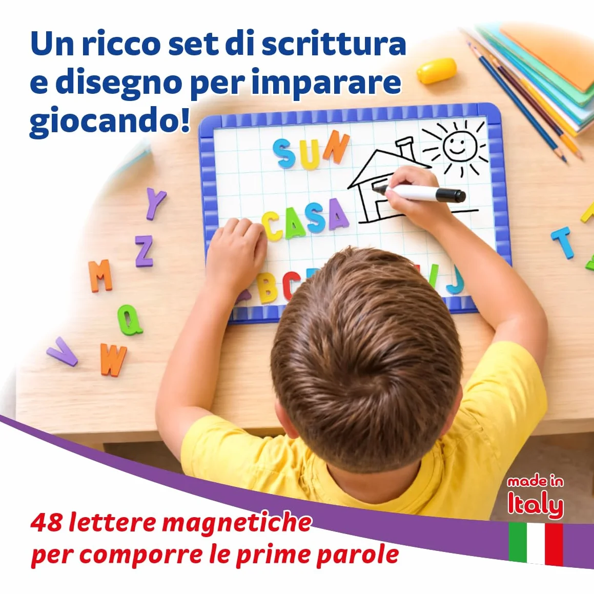 Quercetti Magnetino Letters Basic, Lavagna Magnetica con 48 Lettere Magnetiche per Bambini, Gioco Educativo 4 Anni, Made in Italy