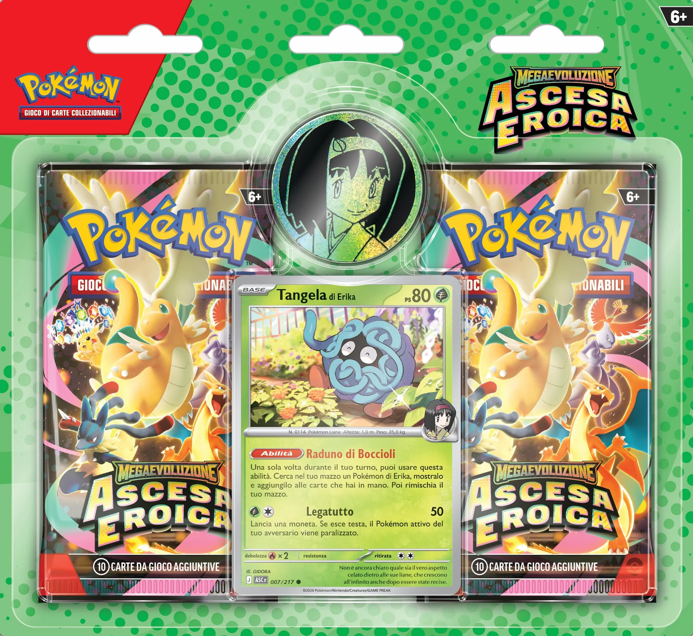 Pokémon GCC Megaevoluzione Ascesa Eroica Collezione Erika Carta Promozionale Olografica Moneta Due Buste Espansione Italiano