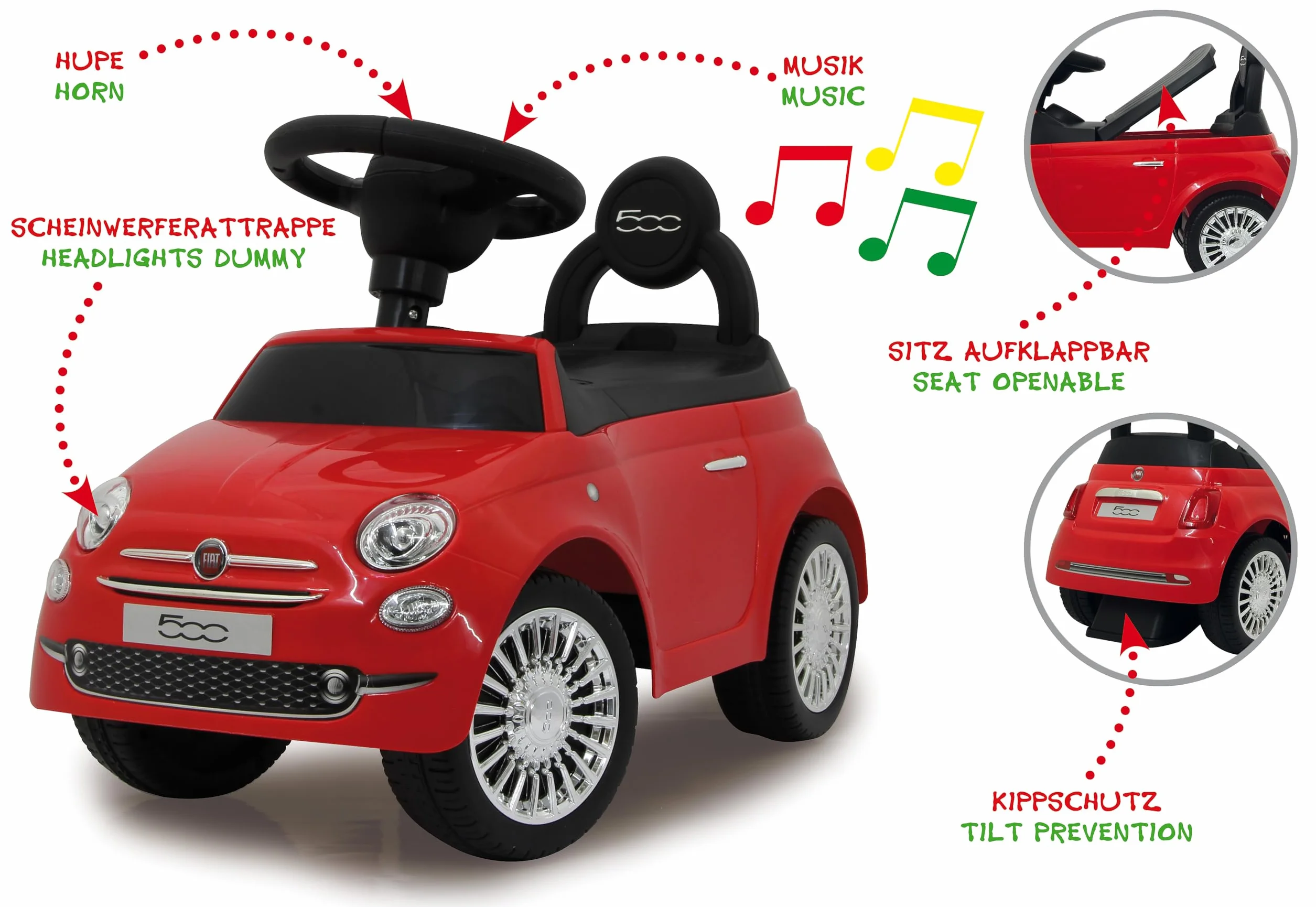 Jamara Push-Car Fiat 500 rosso z bagażnikiem i klaksonem