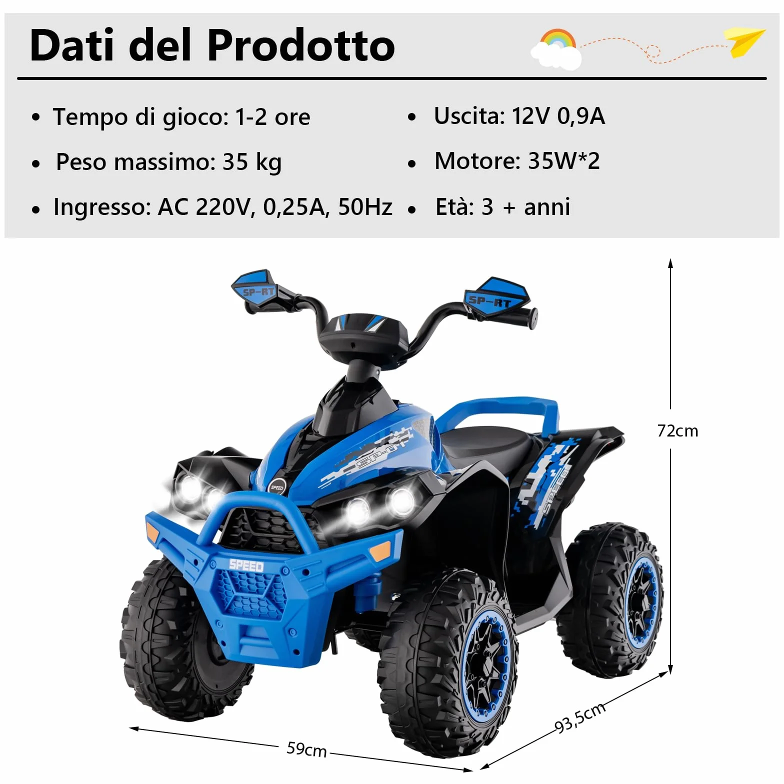 RELAX4LIFE Quad Elettrico per Bambini 3-8 Anni con Velocità Regolabile, Auto a Batteria Multifunzione 12V con Anteriore e Posteriore, Luci a LED, Musica, Pedale, Clacson, Carica 35KG (BLU)