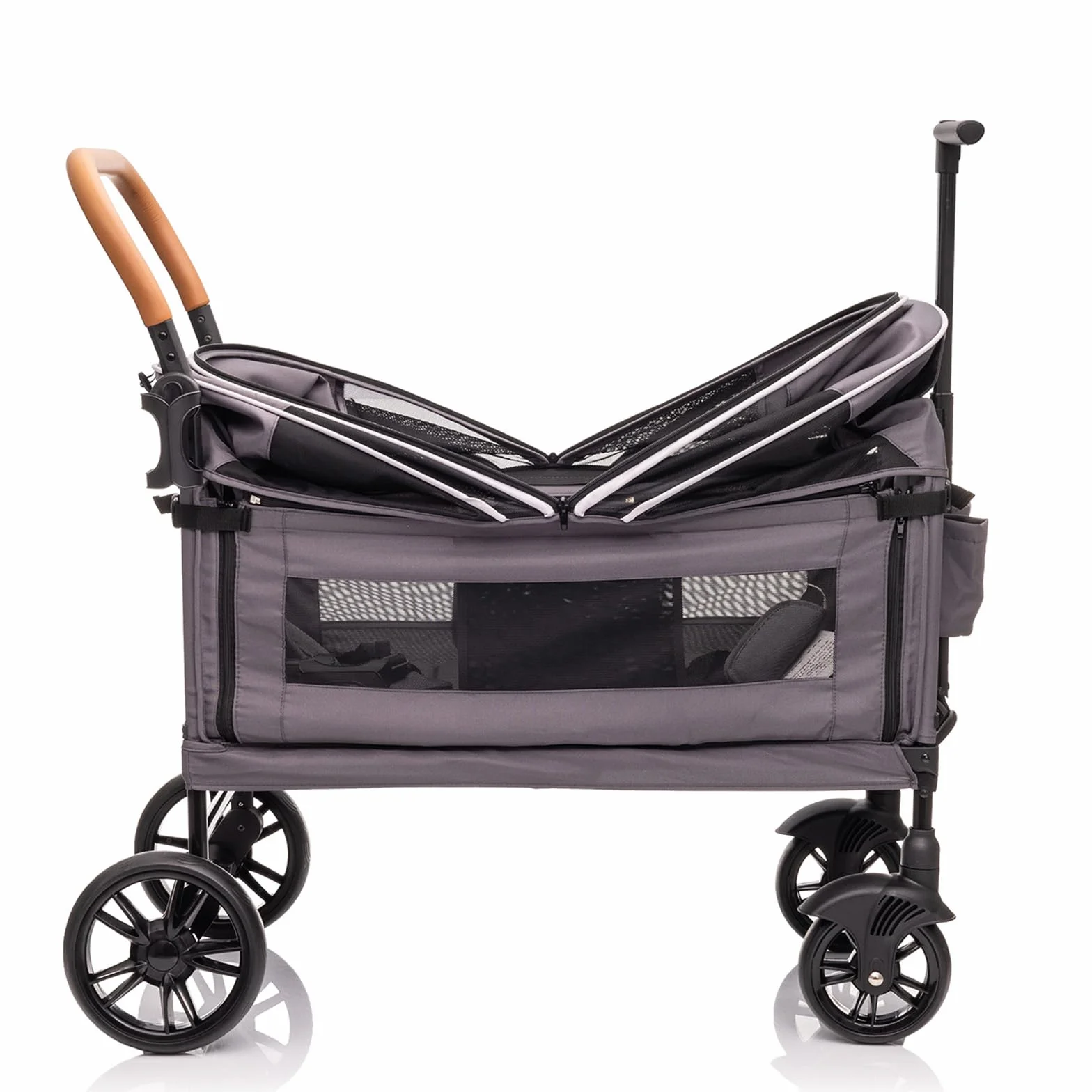 vickey Carrello pieghevole con tetto per 2 bambini, carrello cargo, pieghevole, con manico scorrevole, Duo, resistente agli urti, ruote in poliuretano con freni, portabevande, 100 l, colore: grigio