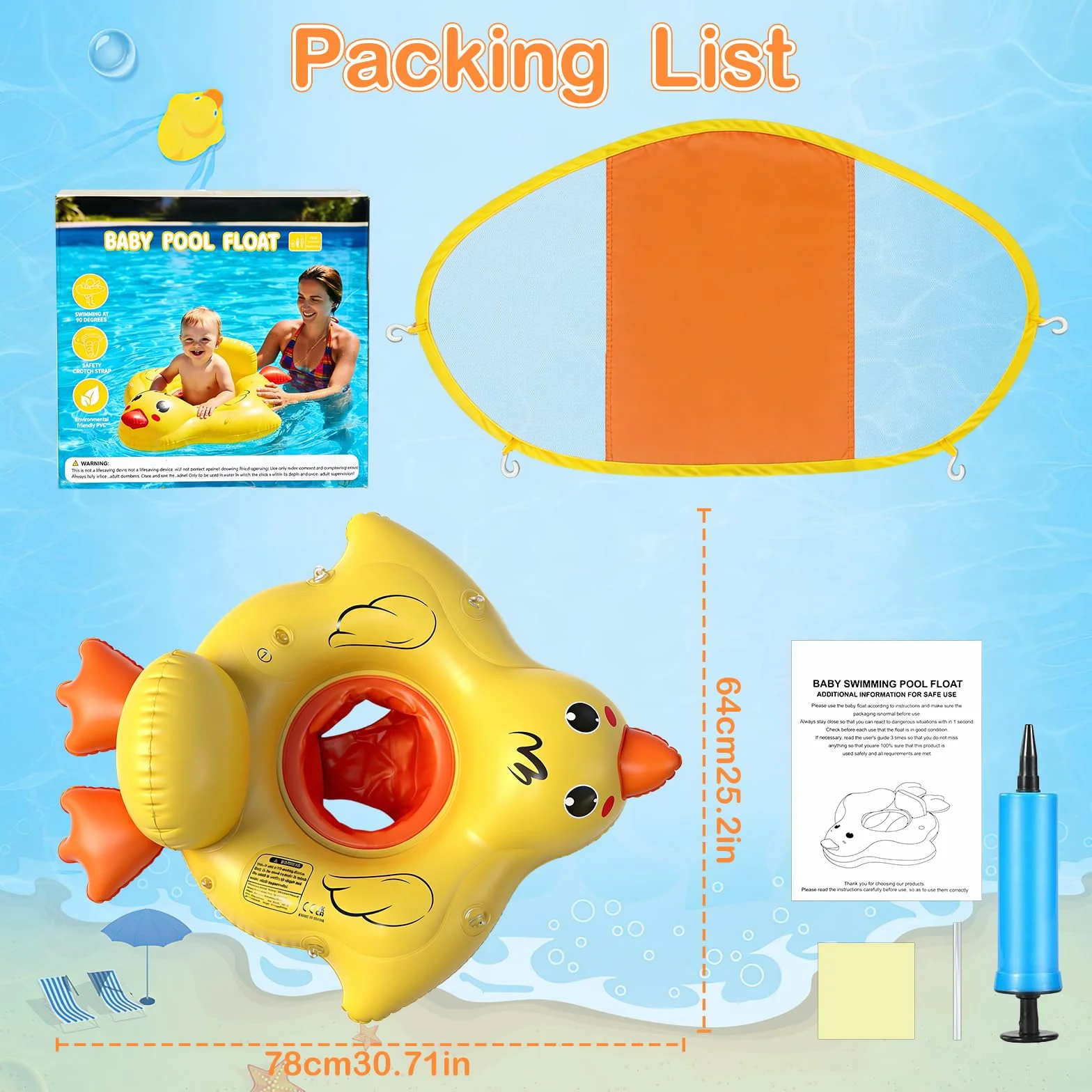 Qingning Galleggiante Neonato con Parasole Rimovibile, Anatra Salvagente Gonfiabile con Sedile di Sicurezza per Bambini, Galleggianti da Piscina Baby con Protezione Solare, Salvagente per Neonati
