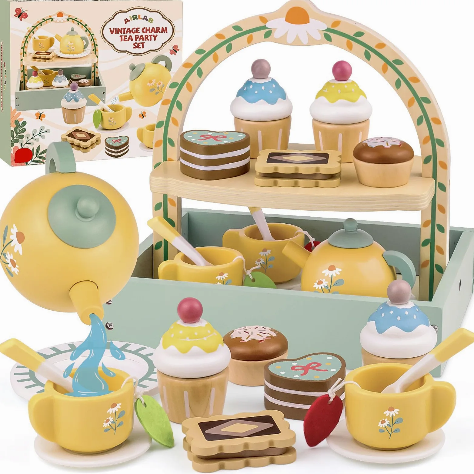 Airlab Set da Tè Bambina Accessori Cucina Giocattolo per Bambini in Legno | Accessori Cucina Legno per Bambini Bambina con Paniere, Cibo Finto Giocattolo Bambino Cucina, Regalo Bimbo Bimba 3 4 5 Anni