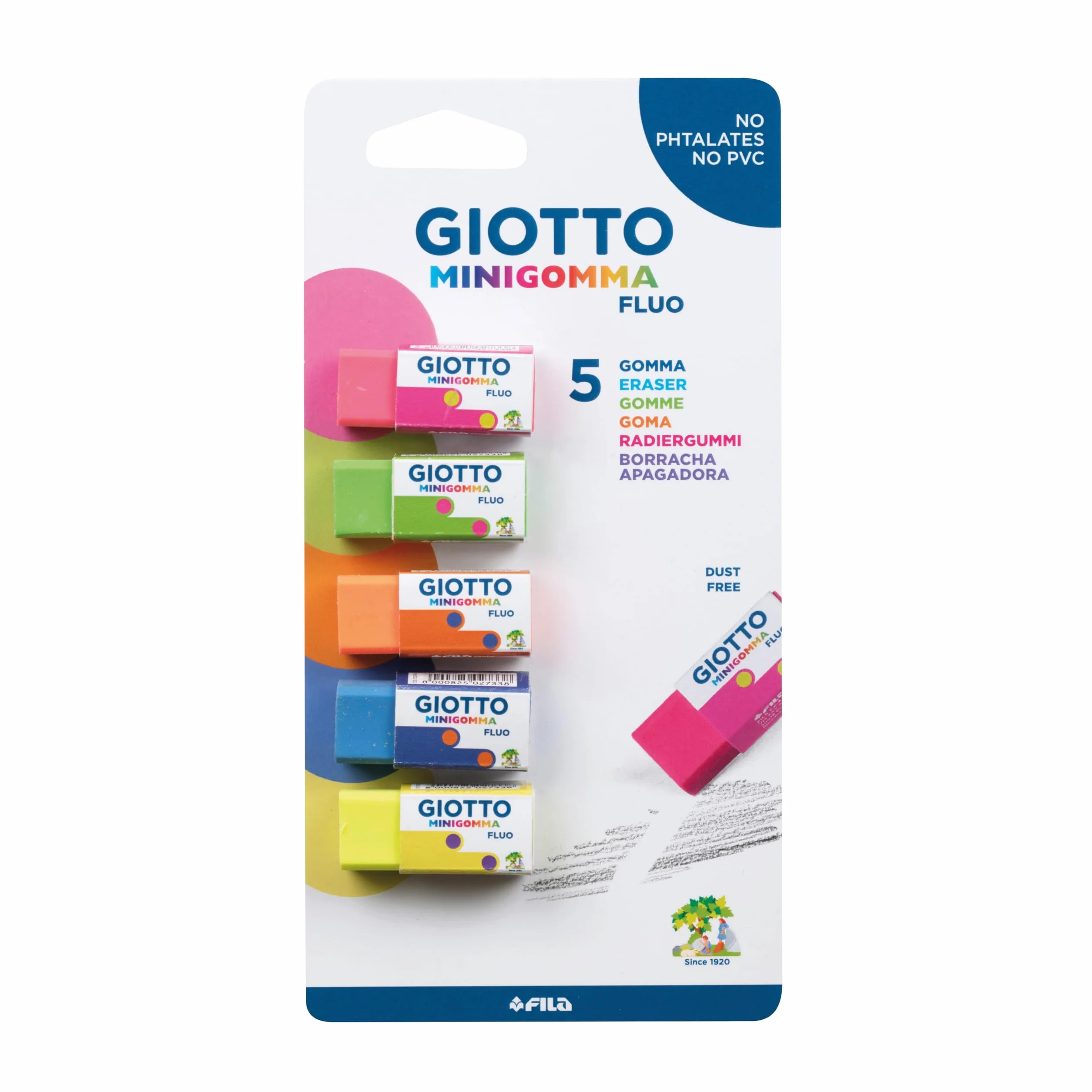 Giotto- Set 5 Mini gomme Fluo, Colore Neon, 025200