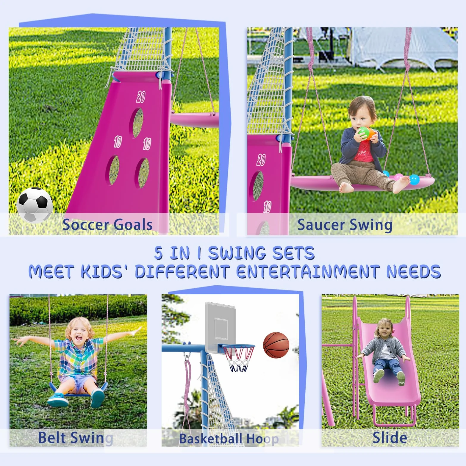 Grande Parco Giochi Esterno 6 In 1, Set Altalene Con Altalena Rotonda, Scivolo, Canestro Da Basket E Pannello Da Calcio, Struttura Stabile Per Più Bambini Nel Giardino