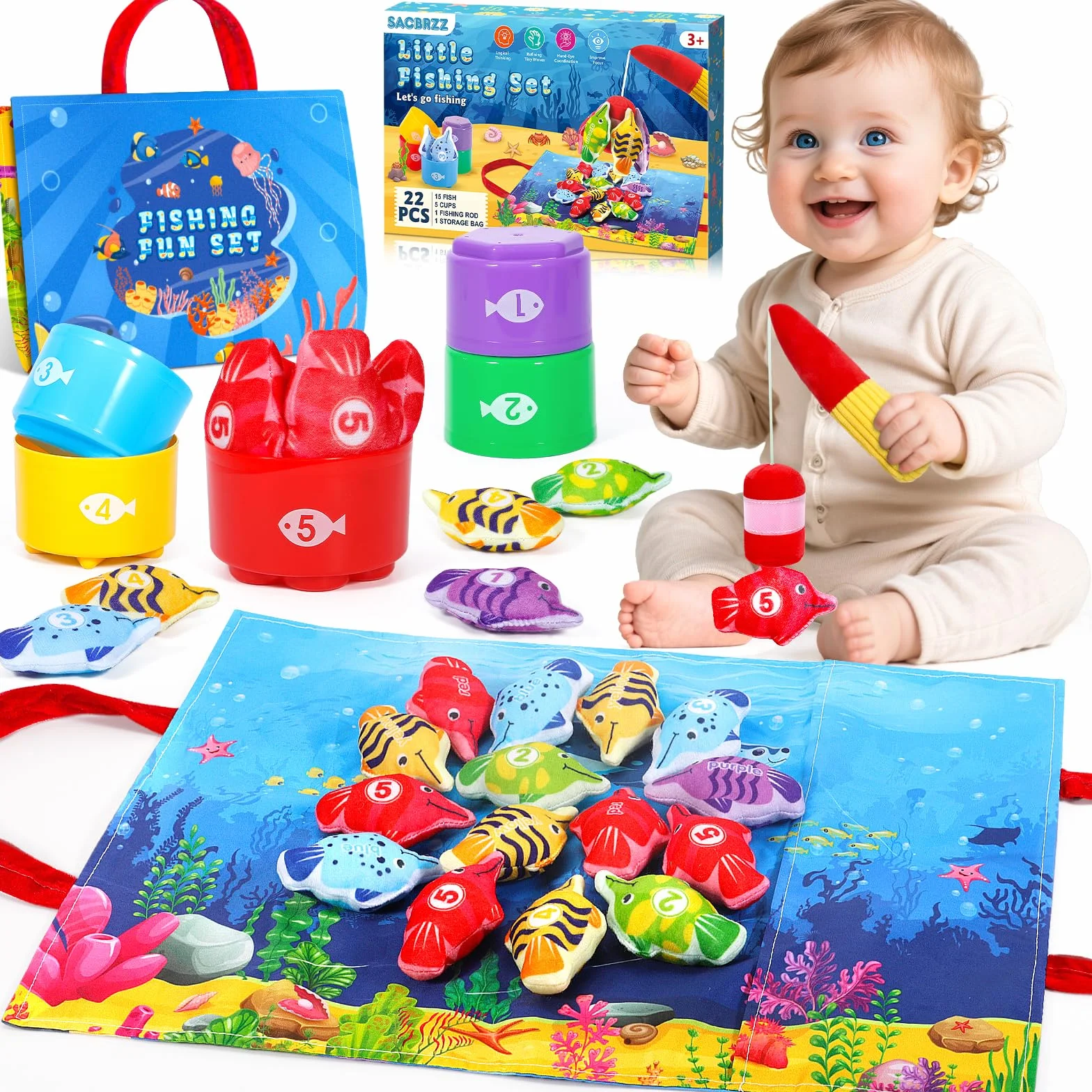 Giochi Bambini 1 Anno, 22 Pezzi Pesca Morbidi, Giochi Montessori 1 Anno Regalo Bambino, con 15 Pesci, Interattivi Educativo Gioco Bambino 1 2 3 Regali per Compleanno Natale