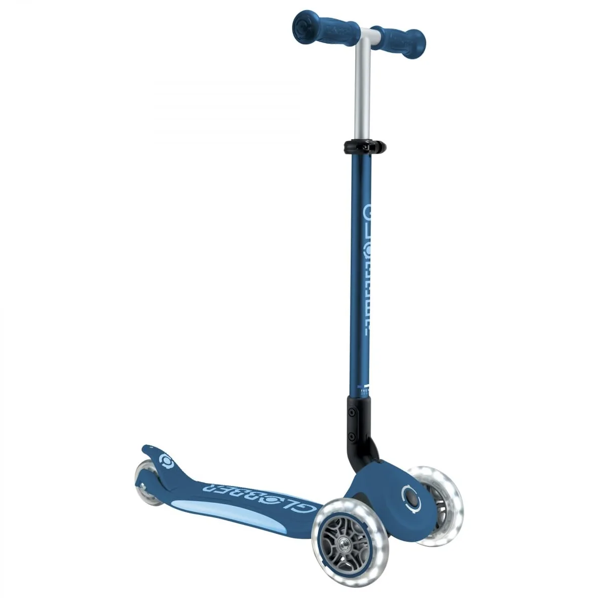 Globber - Primo Foldable Plus Lights - Monopattino a 3 ruote per bambini dai 3 ai 9 anni, blu scuro