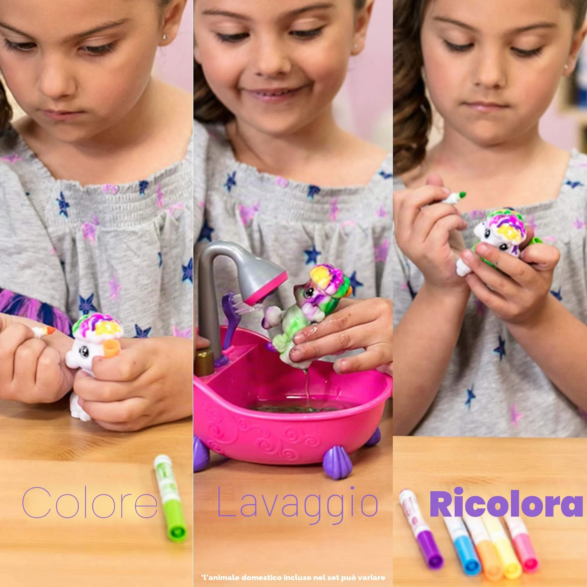 CRAYOLA Washimals Cuccioli vellutati da colorare 4 animali 6 pennarelli Vasca da bagno rosa spazzolina 3+ Anni