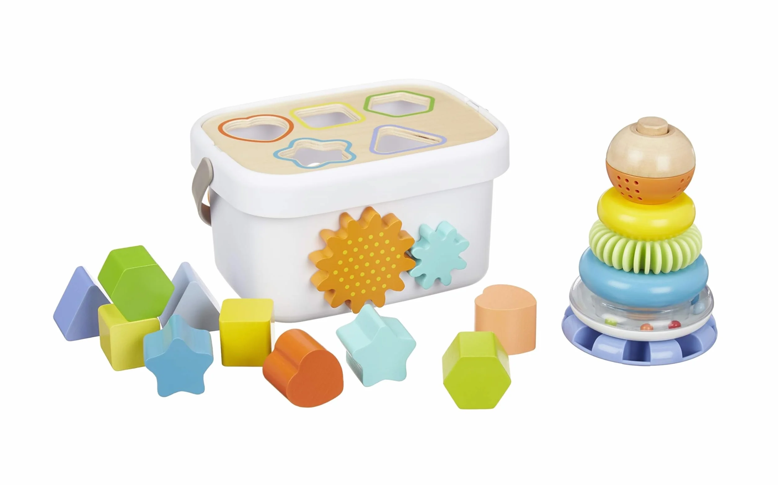 Amazon Basics Bebè Set di giocattoli classici in legno con scatola delle forme e torre con anelli impilabili in vari colori, Medio