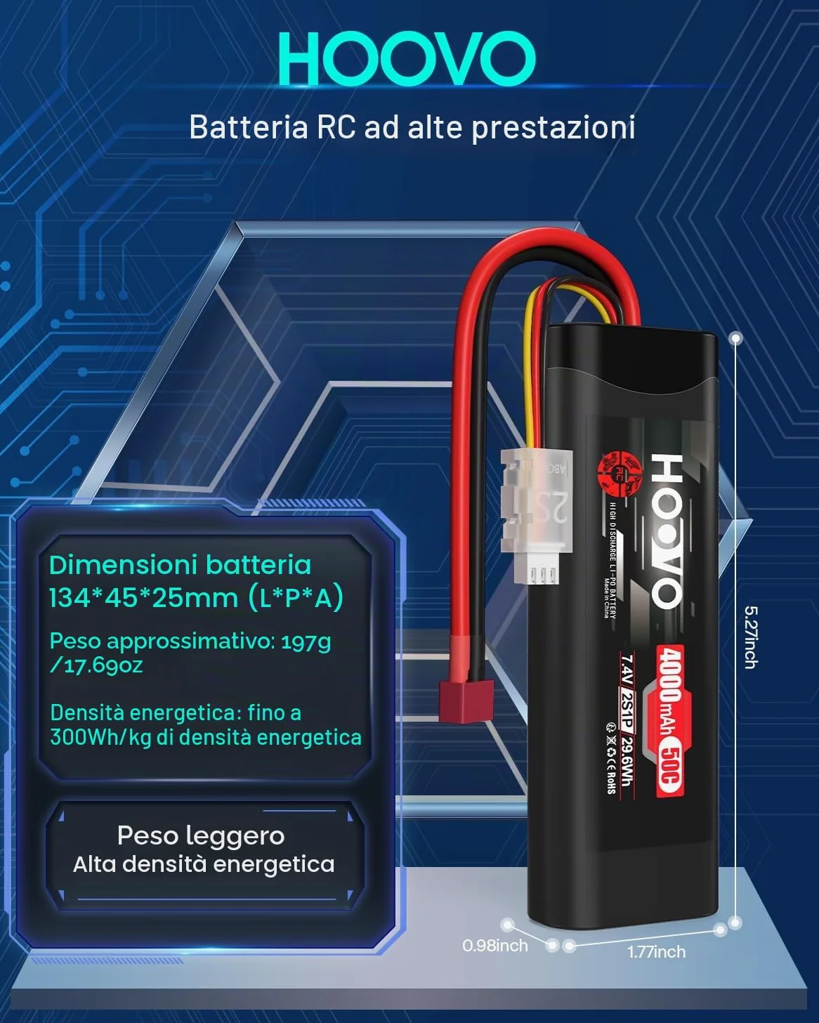 Batteria 2S RC 7,4 V 50 C 4000 mAh LiPo con spina Dean Style T Batterie HOOVO per RC Car Truck Boot Hobby Quadcopter Truggy Racing Driving (2 pezzi)