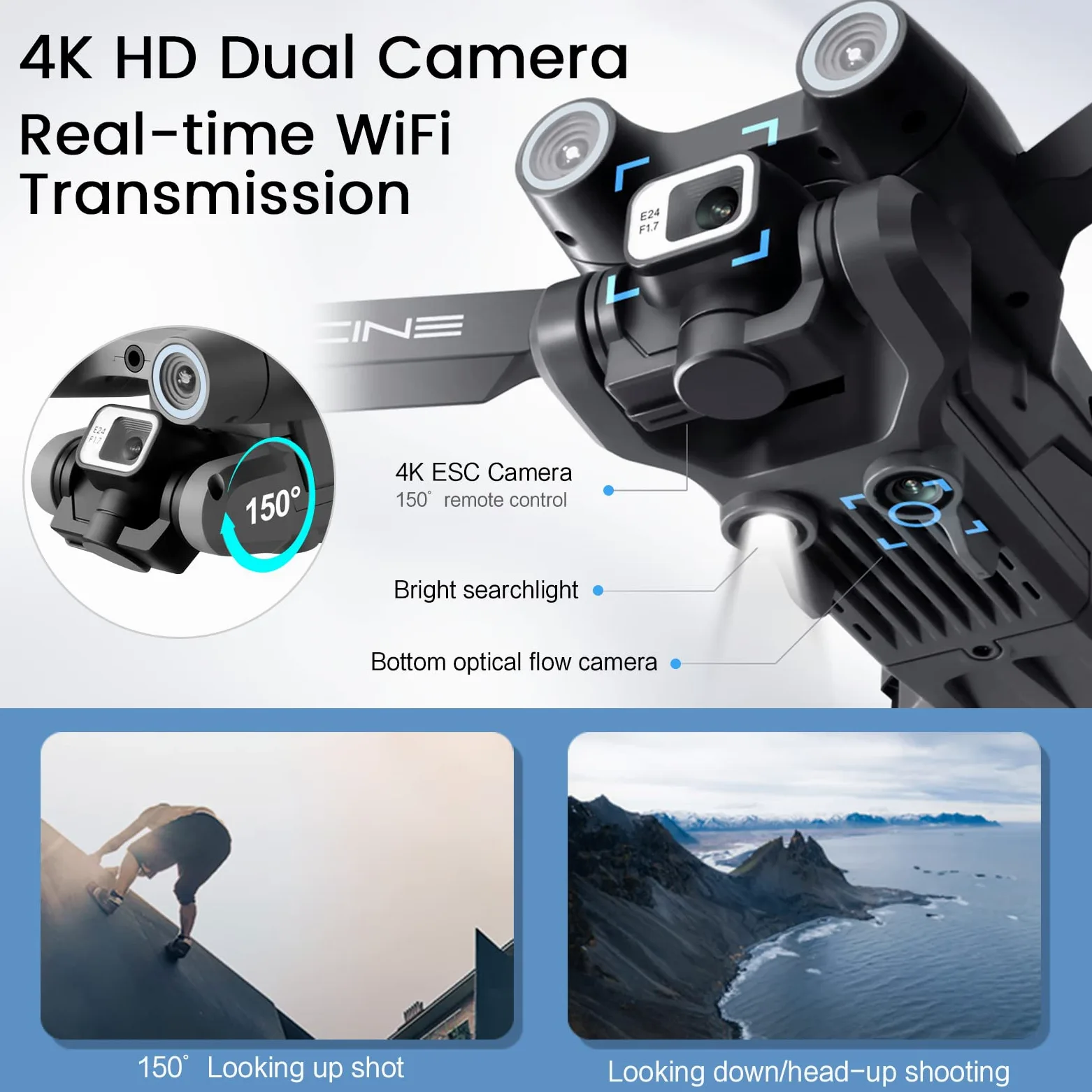 Drone con doppia fotocamera 4K HD per bambini e adulti - Droni quadricotteri RC con evitamento intelligente degli ostacoli, tenuta in altitudine, giocattoli regali per principianti (Nero)