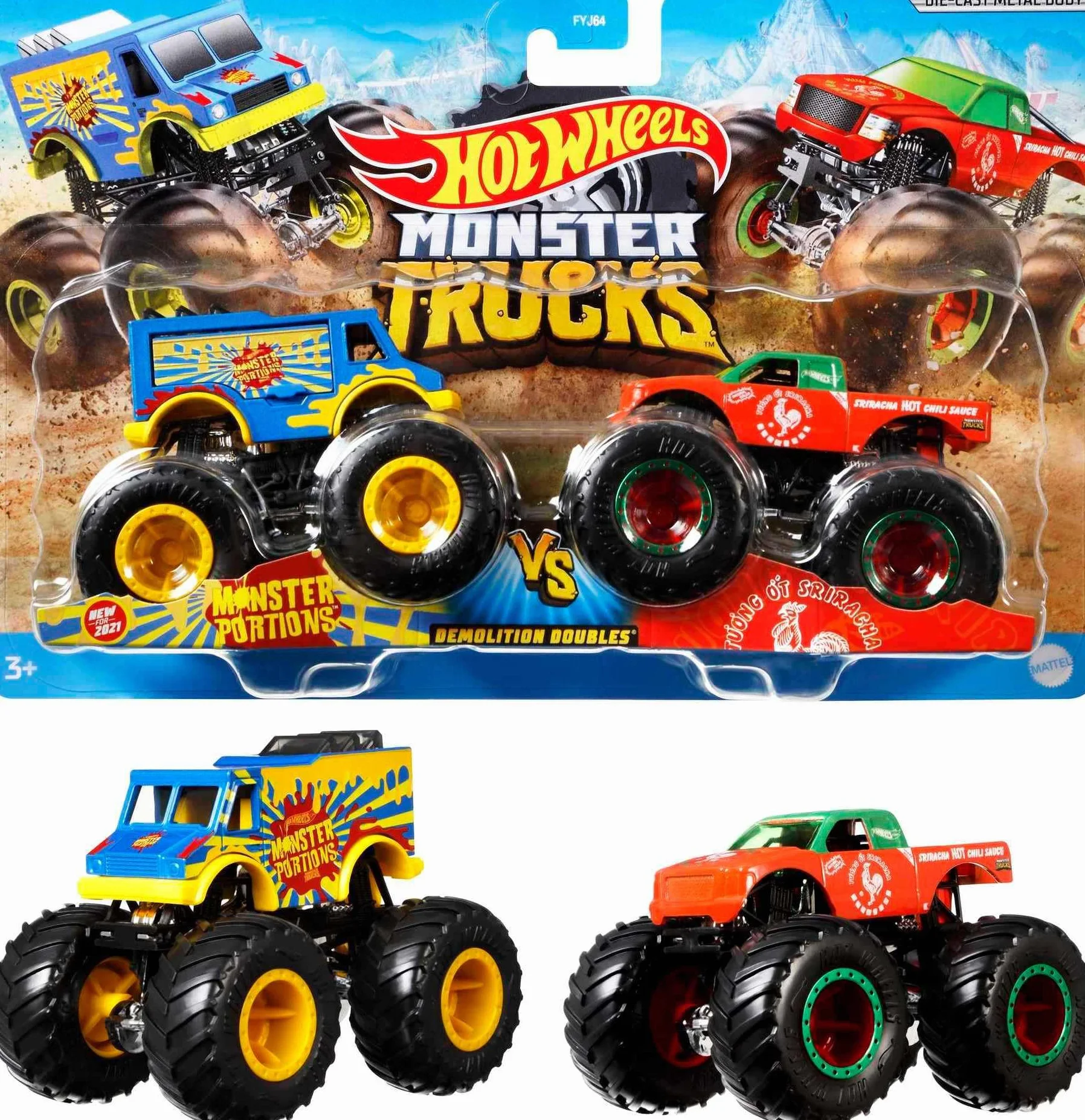 Hot Wheels Monster Trucks Demolition Doubles , confezione da 2 con diversi modelli, incl. statistiche dettagliate sulla resistenza, ruote enormi e dettagli malvagi, il design può variare, FYJ64
