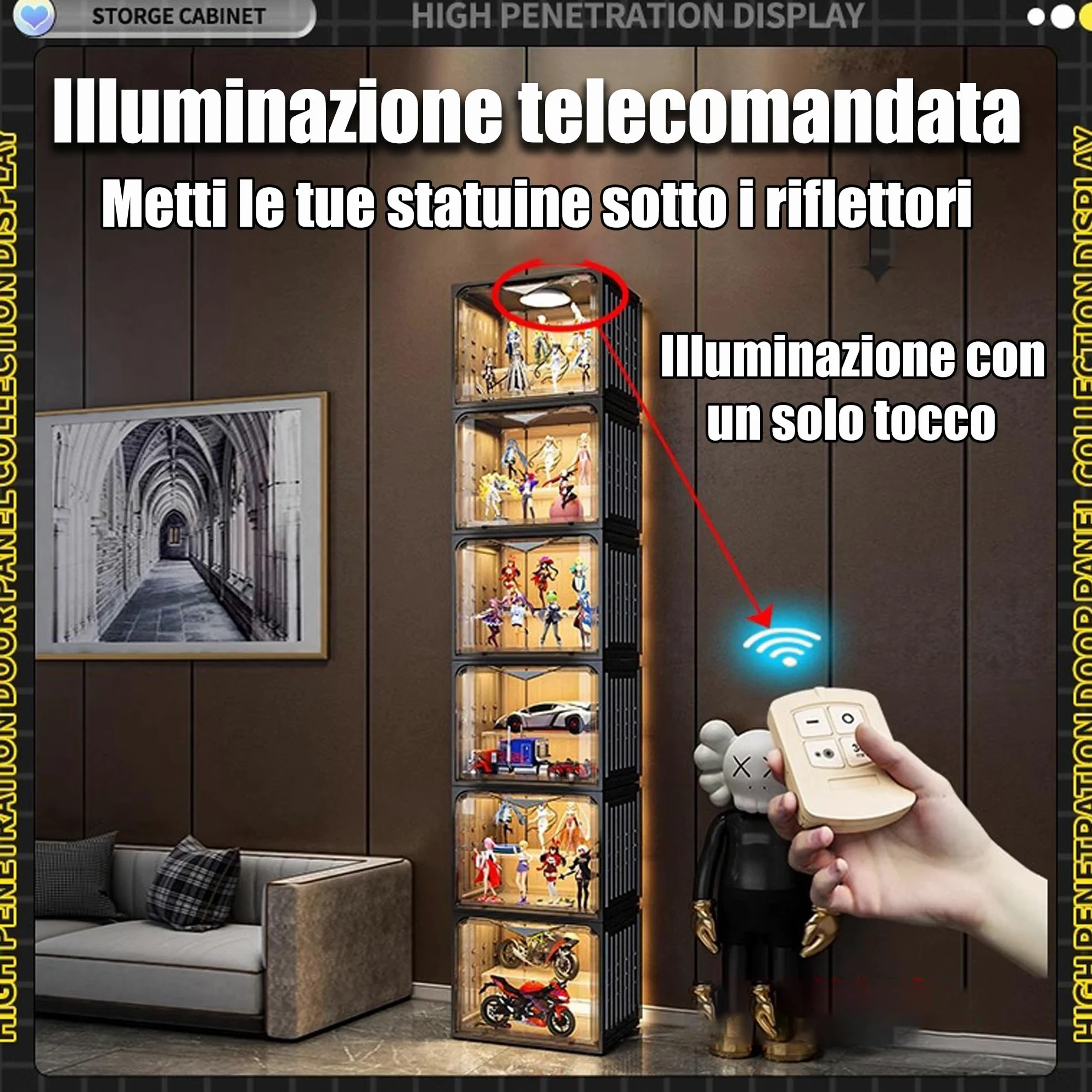 Vetrina Espositiva Per Collezionismo,Vetrina Espositiva Con Led Da Terra[6 Piano/Lampada Telecomandata/Sigillata E Antipolvere] Per Giocattoli Da Collezione, Libreria Per Casa, Sala Giochi