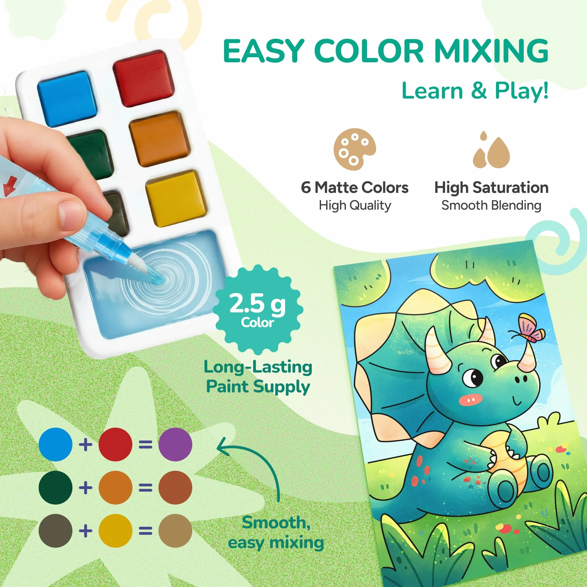 JoyCat Set 2 Libri da Colorare con Acquerelli per Bambini, Kit Creativo da Viaggio e Casa, Regali 3-8 Anni (Verde Chiaro & Verde)