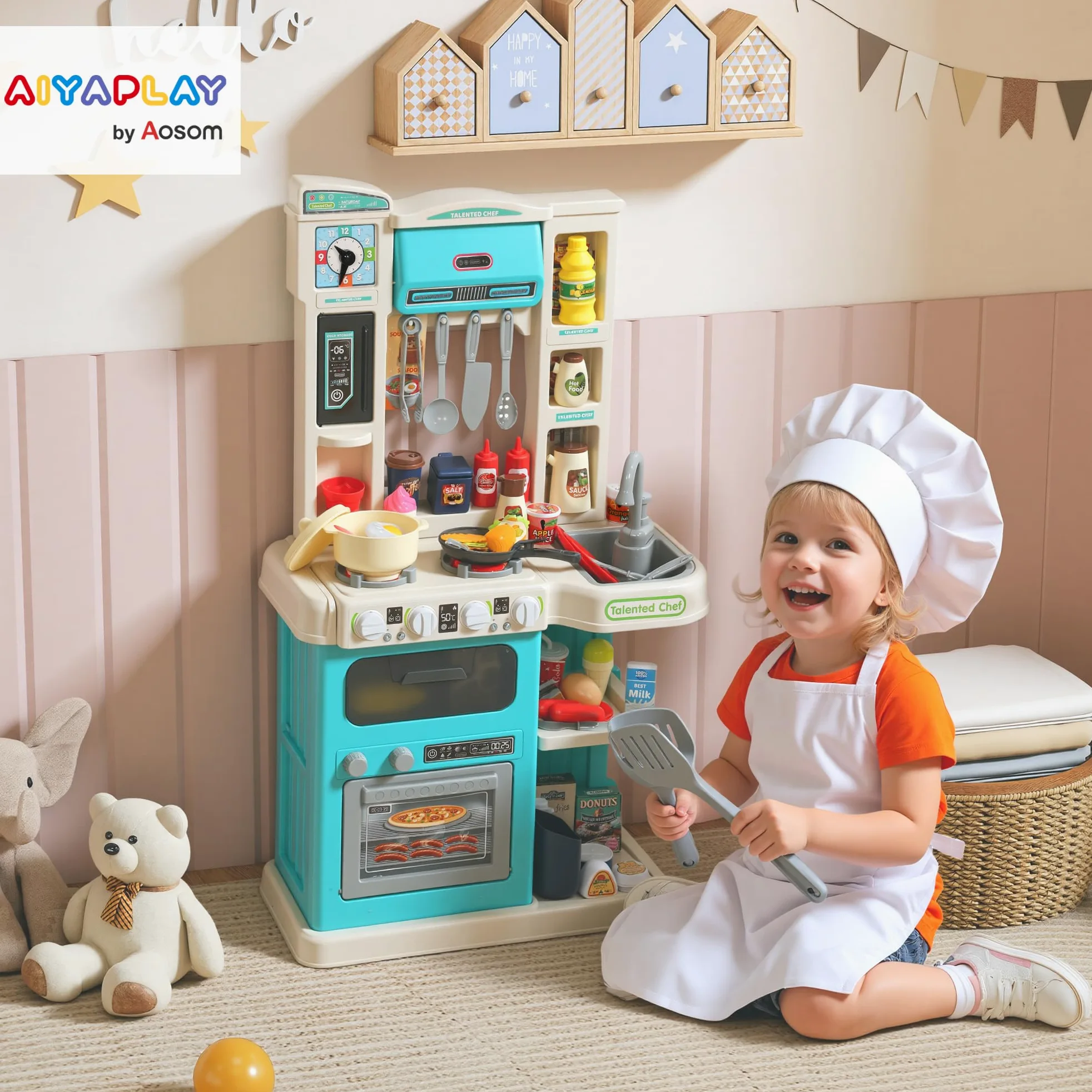 AIYAPLAY Cucina Giocattolo per Bambini 3-6 Anni, 44.5x24x79 cm Verde | 92 Accessori, Suoni Realistici, Gioco per Bambini, in PP, PE e ABS