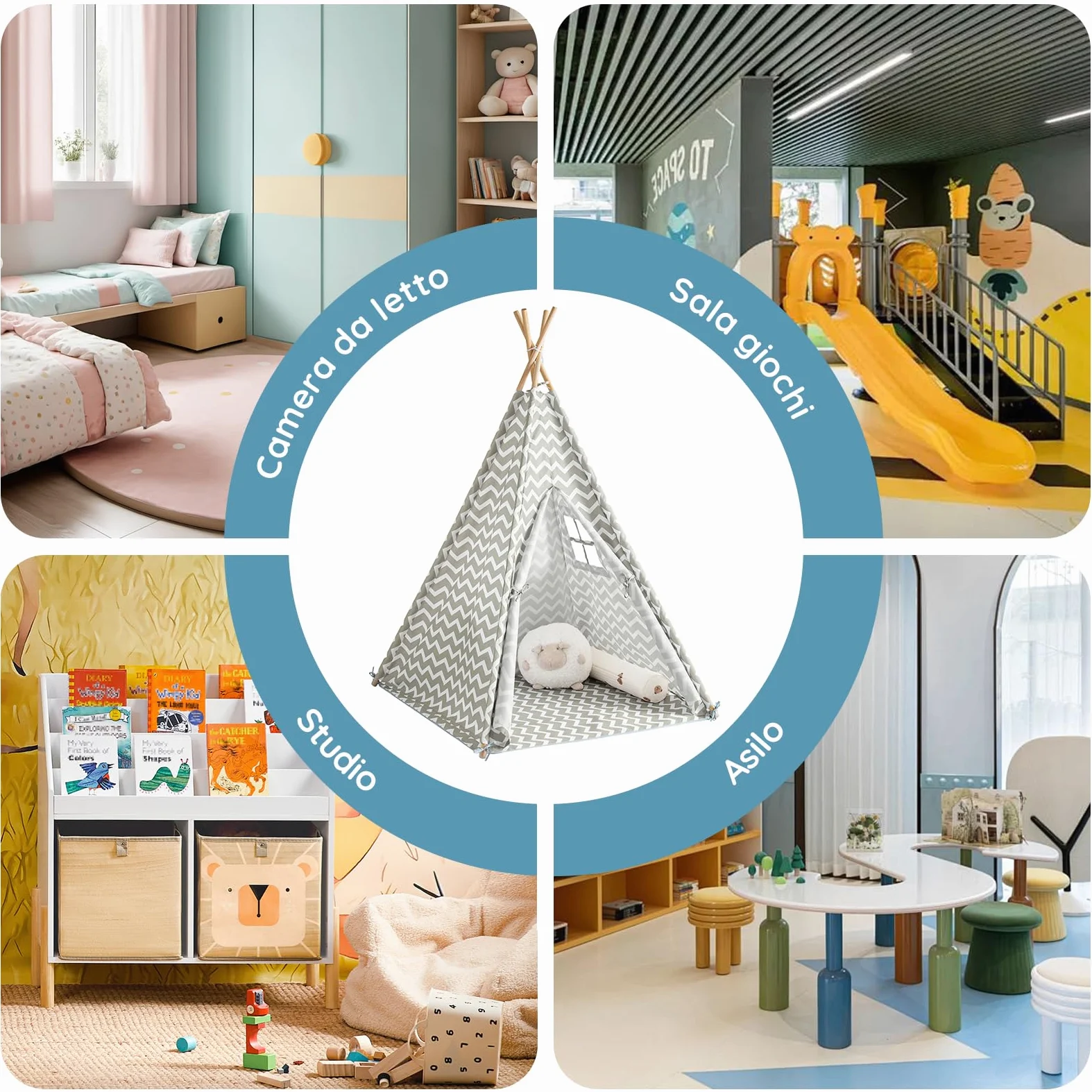 SoBuy Tenda Tipi Bambini 109x109x165cm Cameretta | casetta gioco con tappetino, finestra e tenda apribile, struttura in pino OSS03