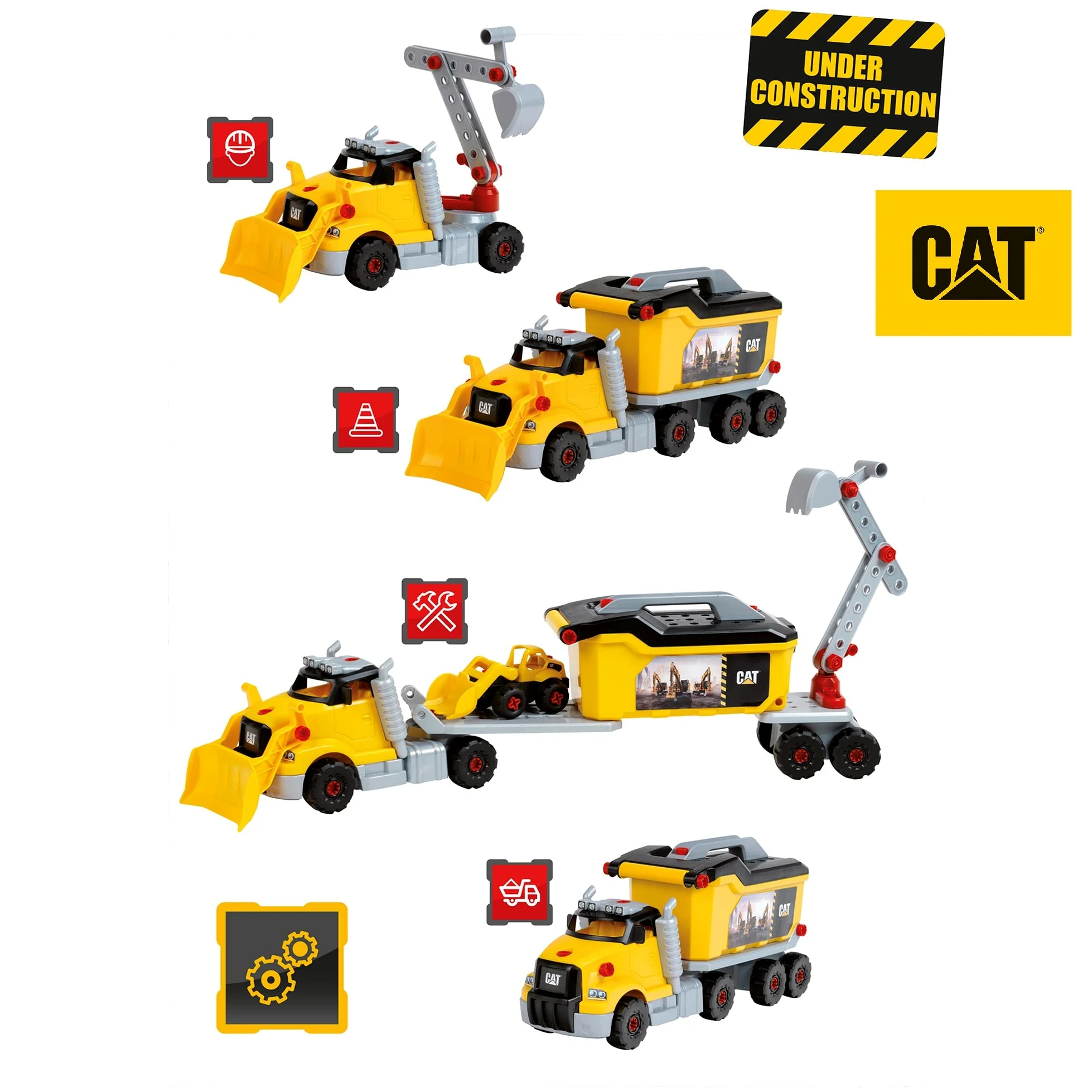 Theo Klein 3252 Caterpillar - Camion svita-avvita 4 in 1 I Gioco di costruzioni con scatola degli attrezzi I Con escavatore e autoribaltabile I Giocattolo per bambini dai 3 anni