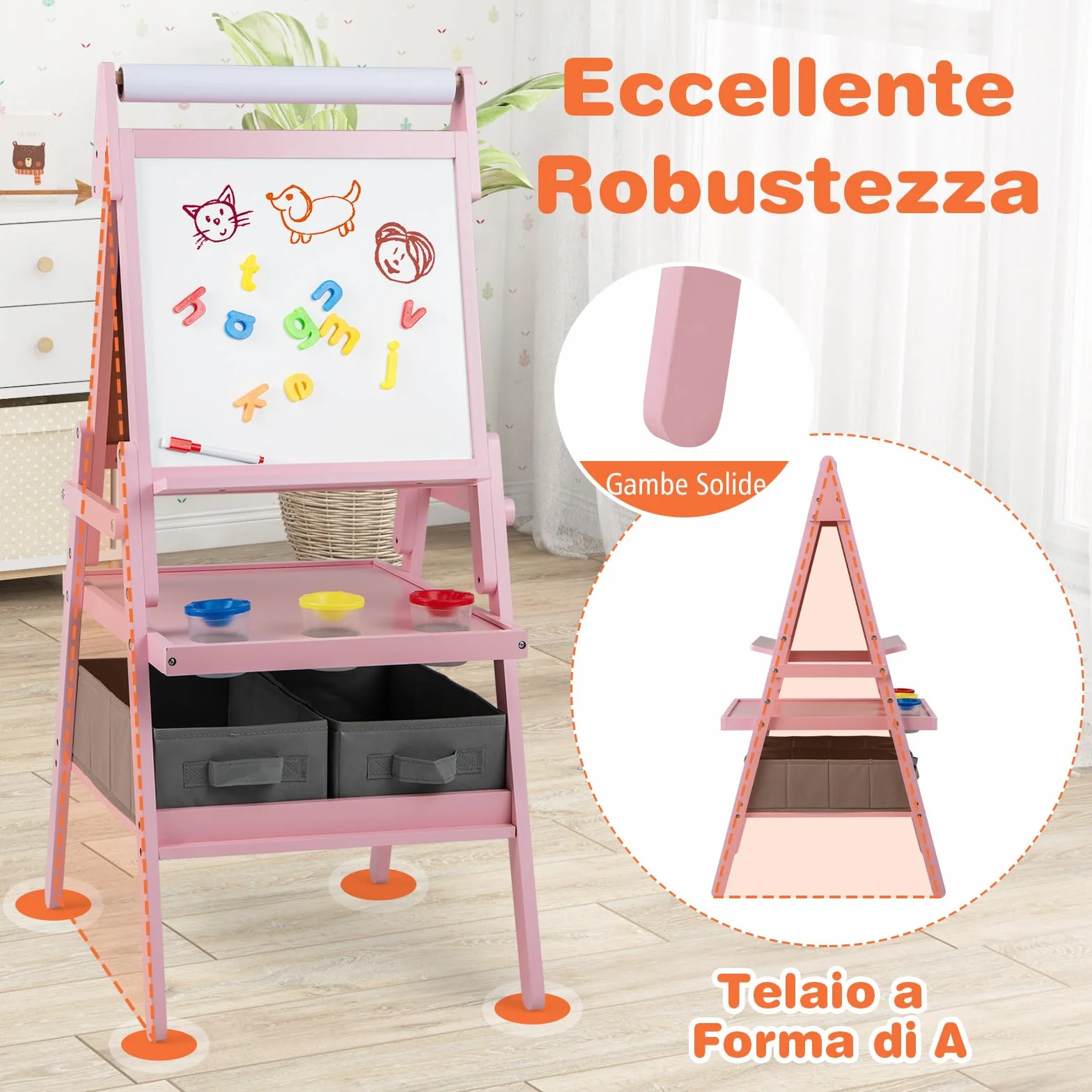 RELAX4LIFE 3 in 1 Lavagna per Bambini Cavalletto Doppia Faccia Magnetica Lavagna Bianca Rotolo Carta Scaffale Doppio 2 Cesto Tessuto Pieghevole Rosa