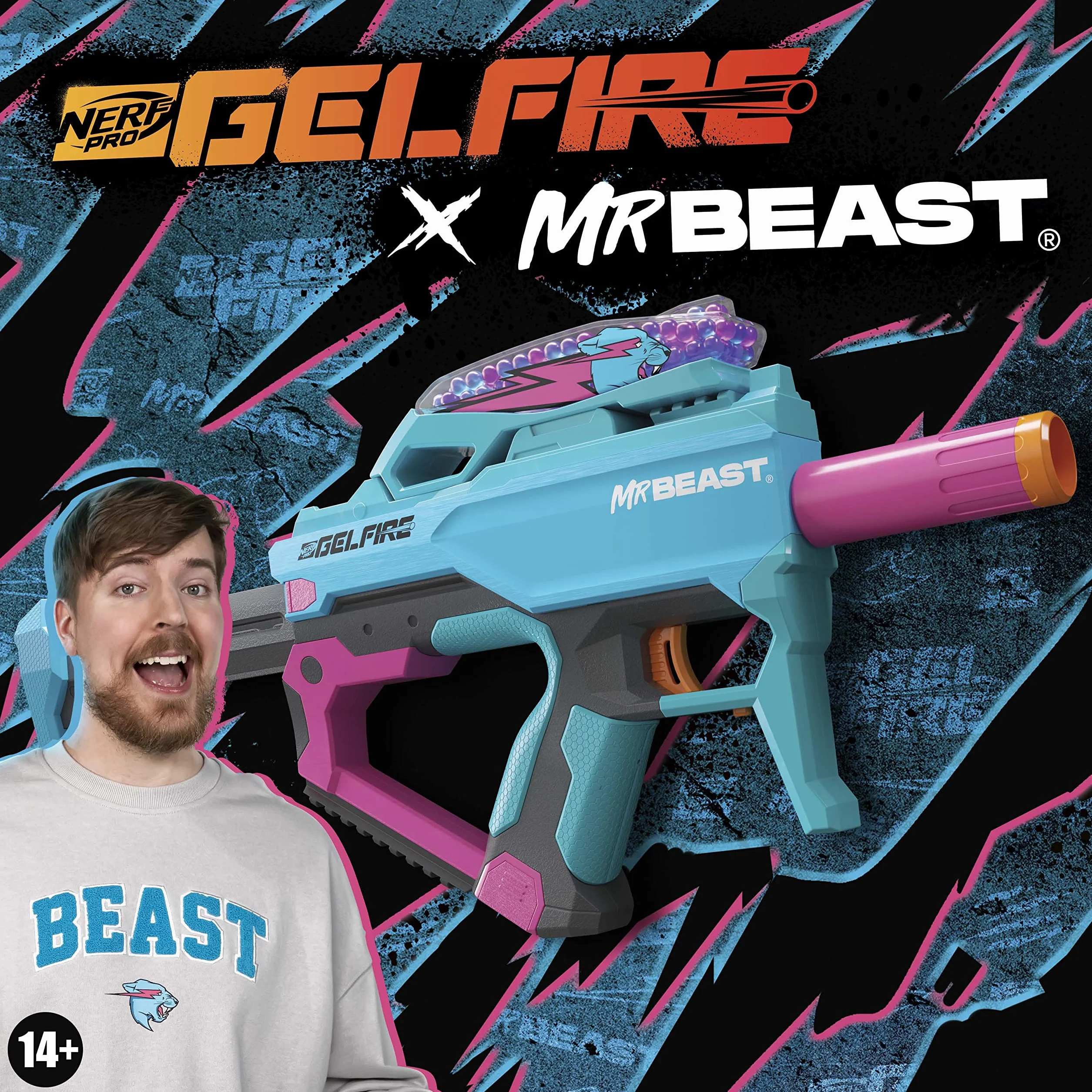 Nerf Pro Gelfire X MrBeast Blaster, 1600 Gelfire Rounds, 300 Round Hopper, Batteria Ricaricabile, Occhiali