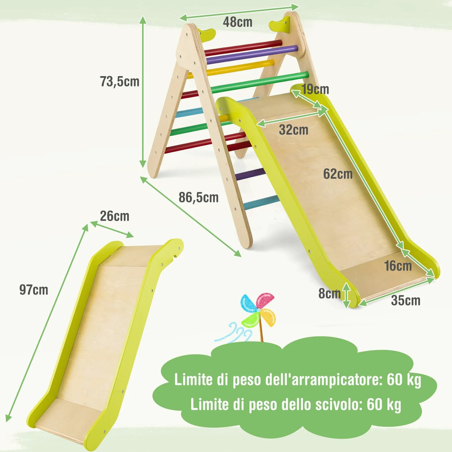 COSTWAY 2 in 1 Set da Arrampicata con Scivolo per Bambini, Triangolo di Arrampicata in Legno Regolabile a Gradi, Giocattolo per Arrampicarsi all’Interno, 1 Anno+ (Colorato)