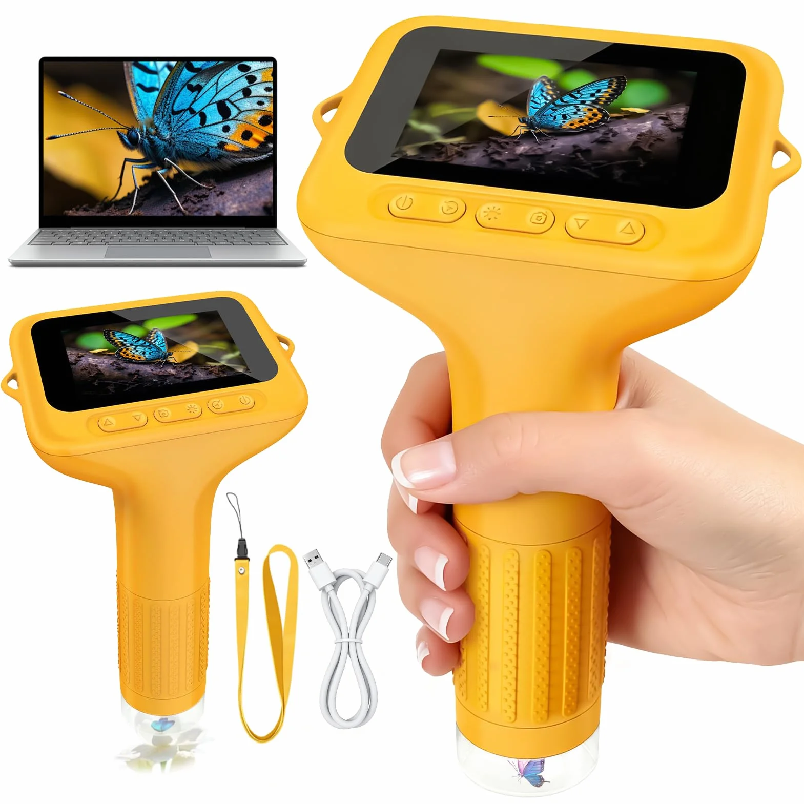 Microscopio Digitale per Bambini, 1000X Mini Microscopio Portatile con Schermo IPS 2,0" e 8 LED, microscopio Tascabile USB Type-C Compatibile PC, Gioco Scientifico Educativo dai 3+, Giallo