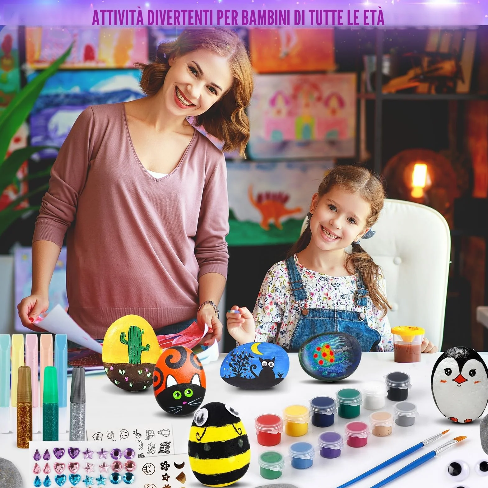 Sassi Da Dipingere, Kit Pittura per Bambina 4-9 Anni, Regalo Creativo, Lavoretti Bambini, Colori Acquerelli, Giochi Creativi 3-10 Anni, Natale