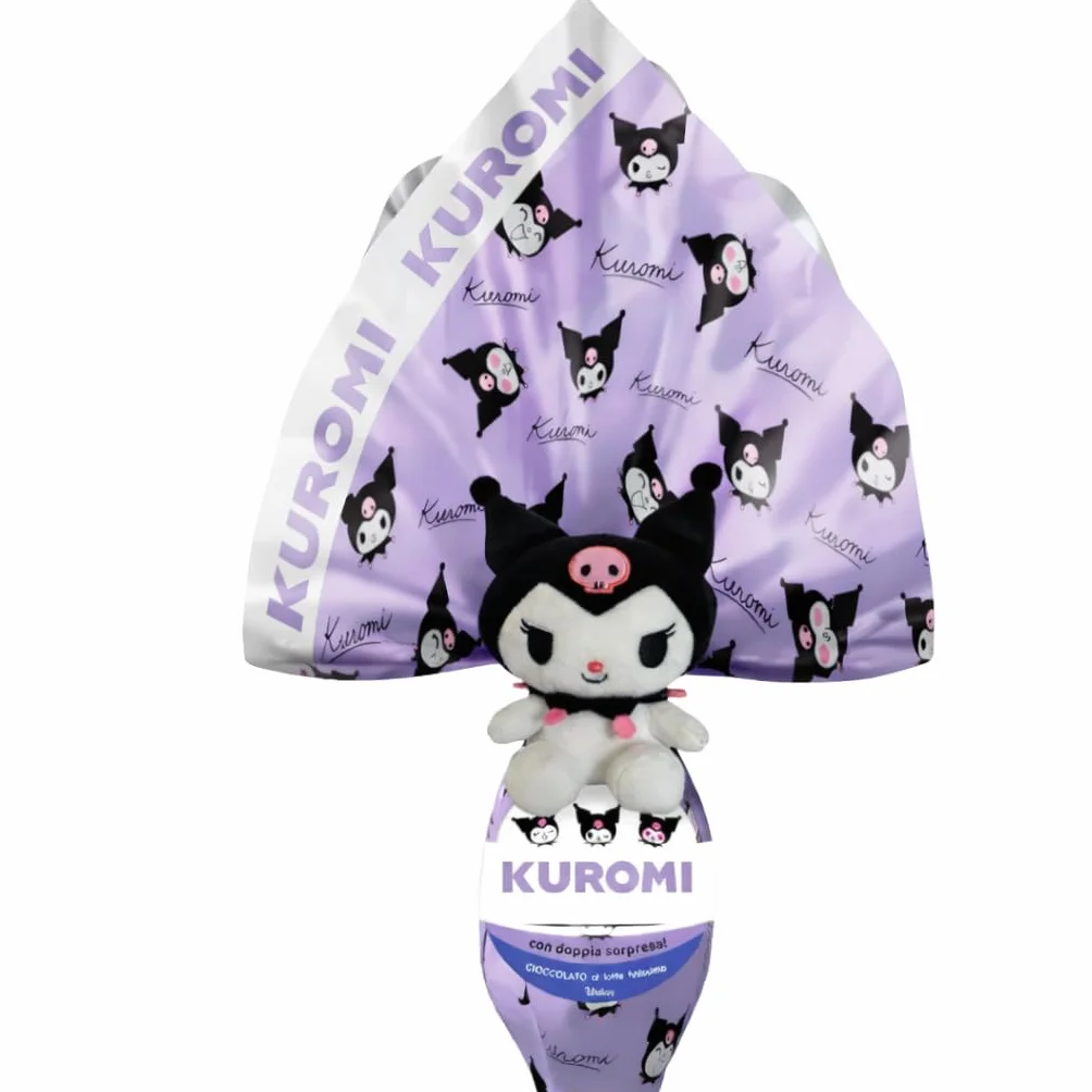 Uovo di Pasqua Kuromi con Peluche 300 g WALCOR | Uova Cioccolato al Latte Finissimo con Sorpresa | Peluche Kuromi 15 cm | Idea Regalo Pasqua