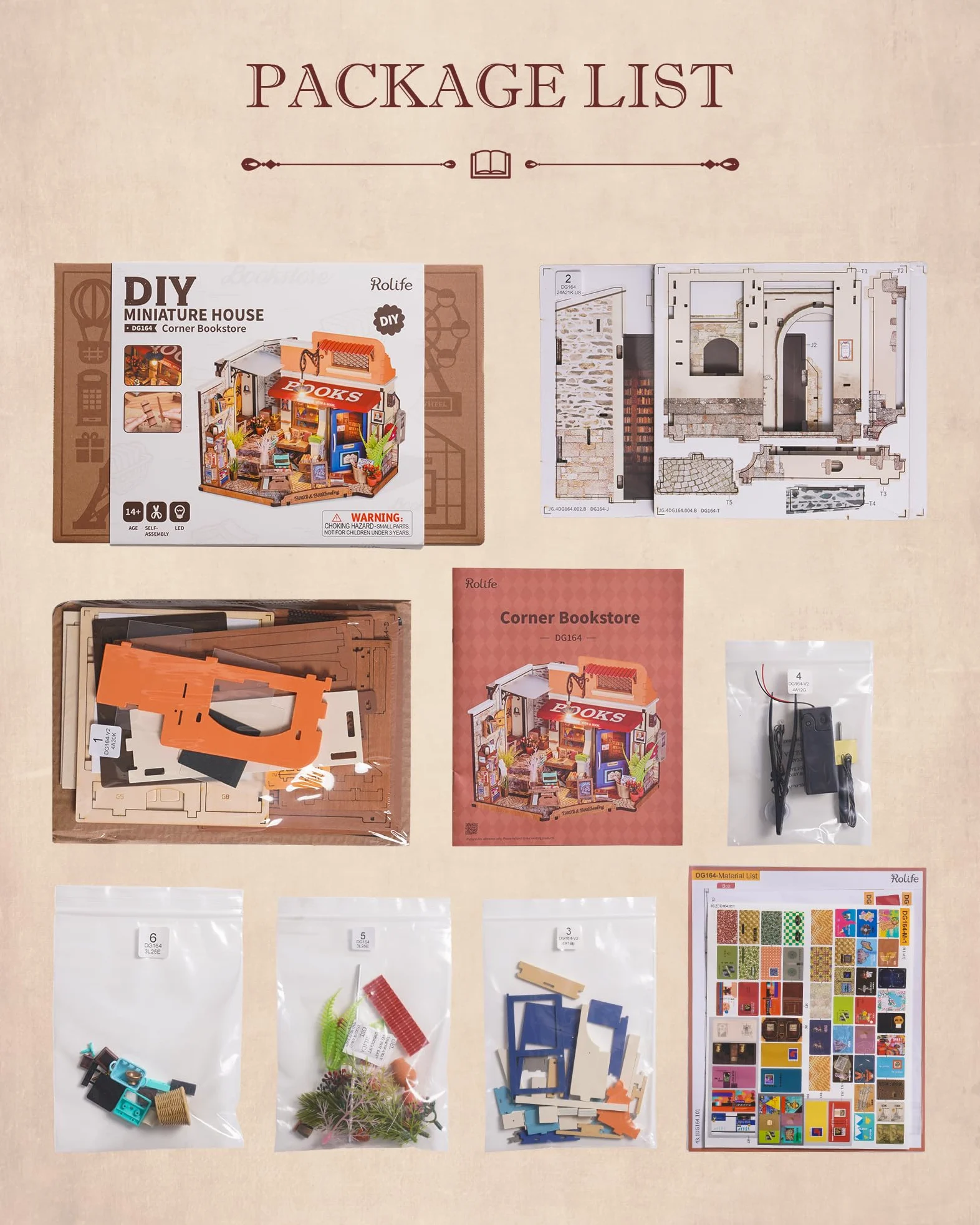Rolife Casa delle Bambole Libreria ad Angolo con Luci LED Kit Casa in Miniatura Fai da Te Casa delle Bambole Kit con Mobili Modello in Legno 3D Puzzle Regalo di Natale per Bambini e Adulti