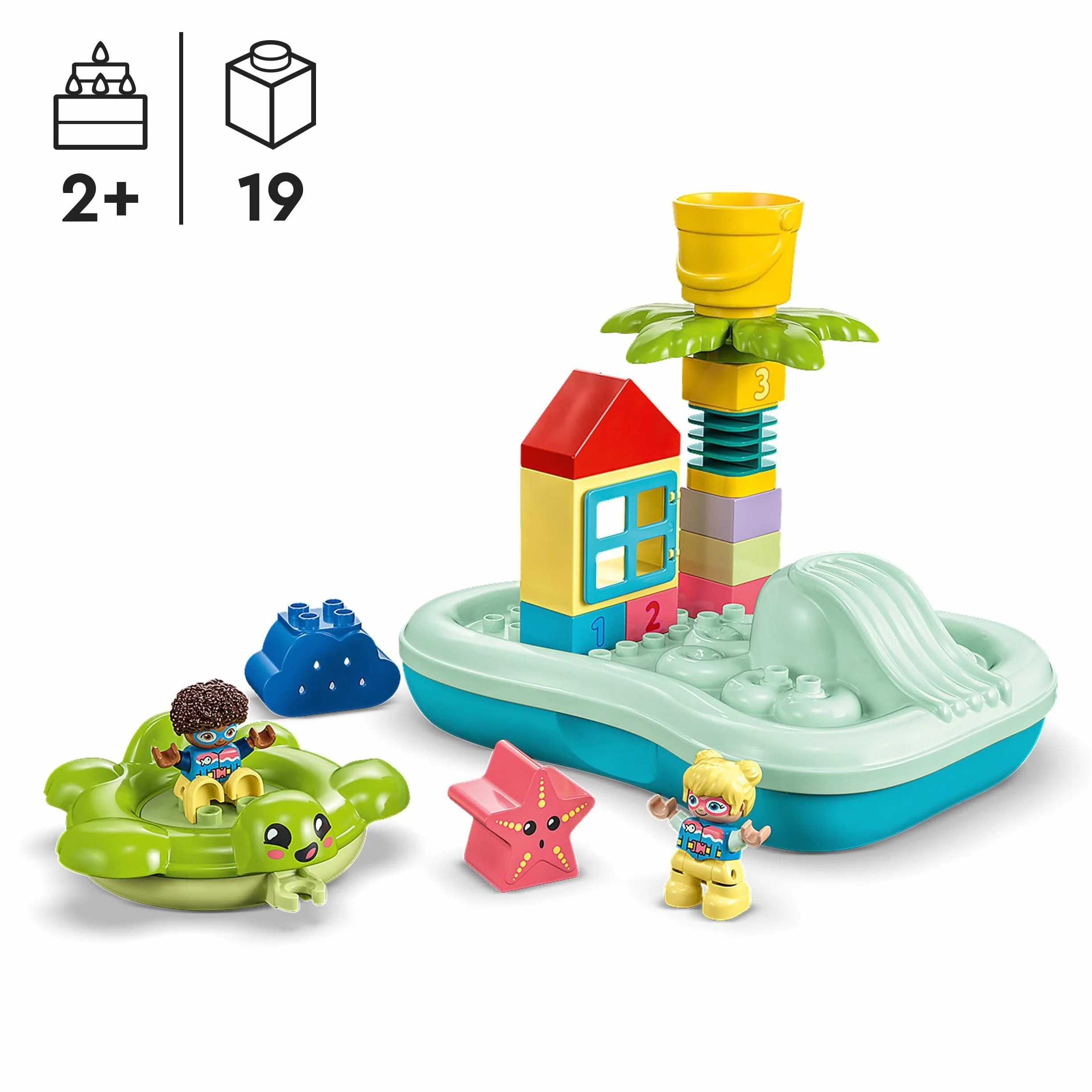 LEGO DUPLO Parco Acquatico, Giochi da Bagnetto per Bambini e Bambine dai 2 Anni in su con Isola Galleggiante, Tartaruga e Stella Marina, Facile da Pulire, Giocattoli per Vasca da Bagno 10989