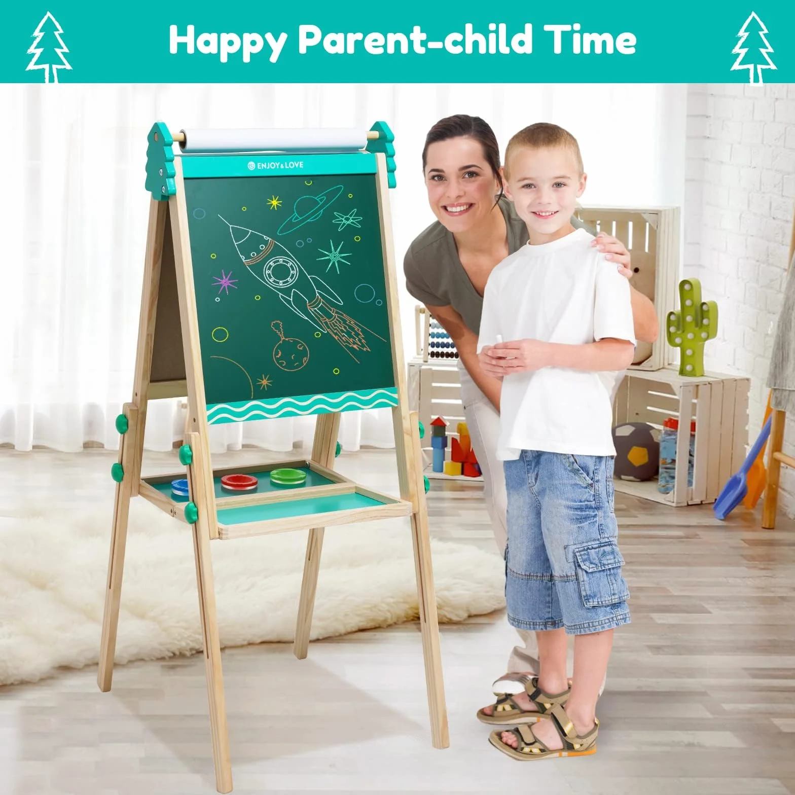 Lavagna per bambini, Lavagna con Cavalletto Bambini in legno, Disegno dell'arco regolabile in altezza, per bambini, con Rotolo di carta Giocattoli Educativi 3+ Anni (Blu)