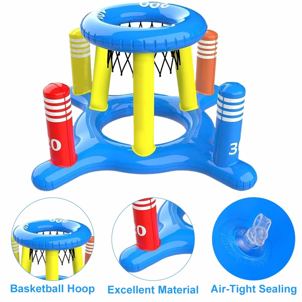 Canestro gonfiabile per piscina con gioco di lancio ad anelli, set galleggiante gonfiabile, giocattolo acquatico, cestino da basket galleggiante con 2 palline e 8 anelli di lancio, gioco in