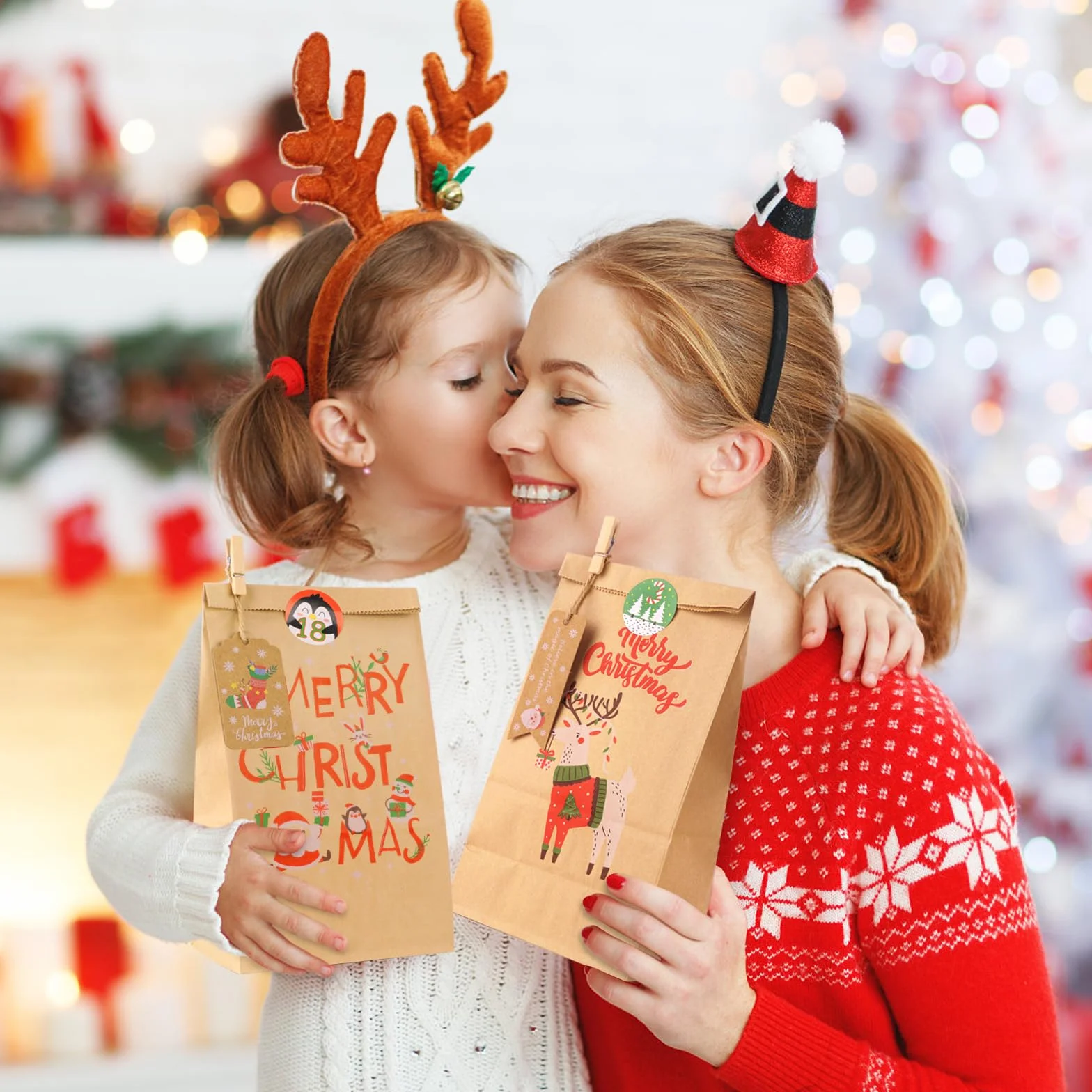 Calendario dell’Avvento Fai da Te, Calendario Avvento 2025 Kinder, Sacchetti Calendario Avvento bambini da Riempire, con 1-24 Adesivi numerici, 24 Clip e Corda di Canapa